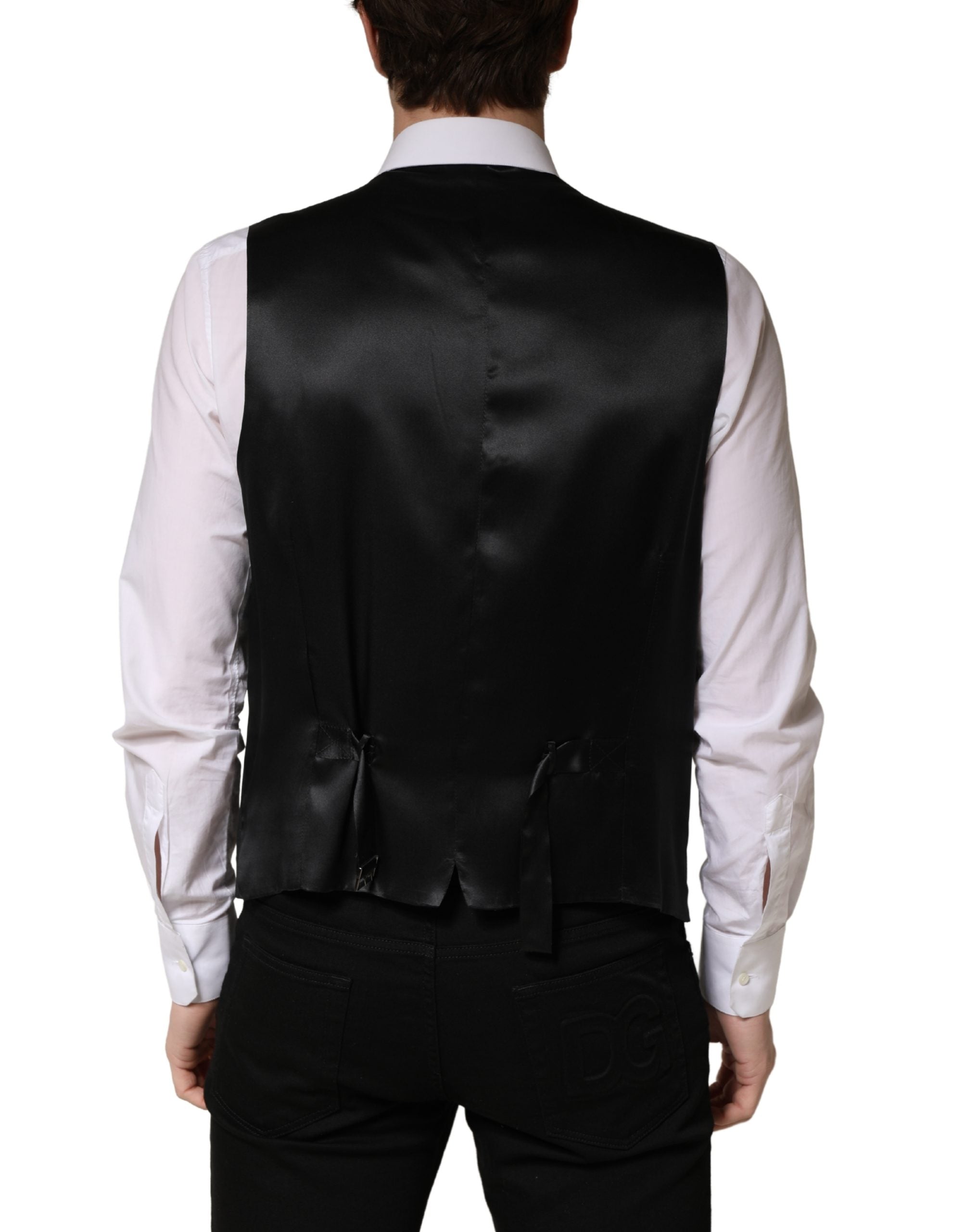 Gilet homme en laine noire Dolce & Gabbana avec fermeture à un bouton, col en V et coupe ajustée.