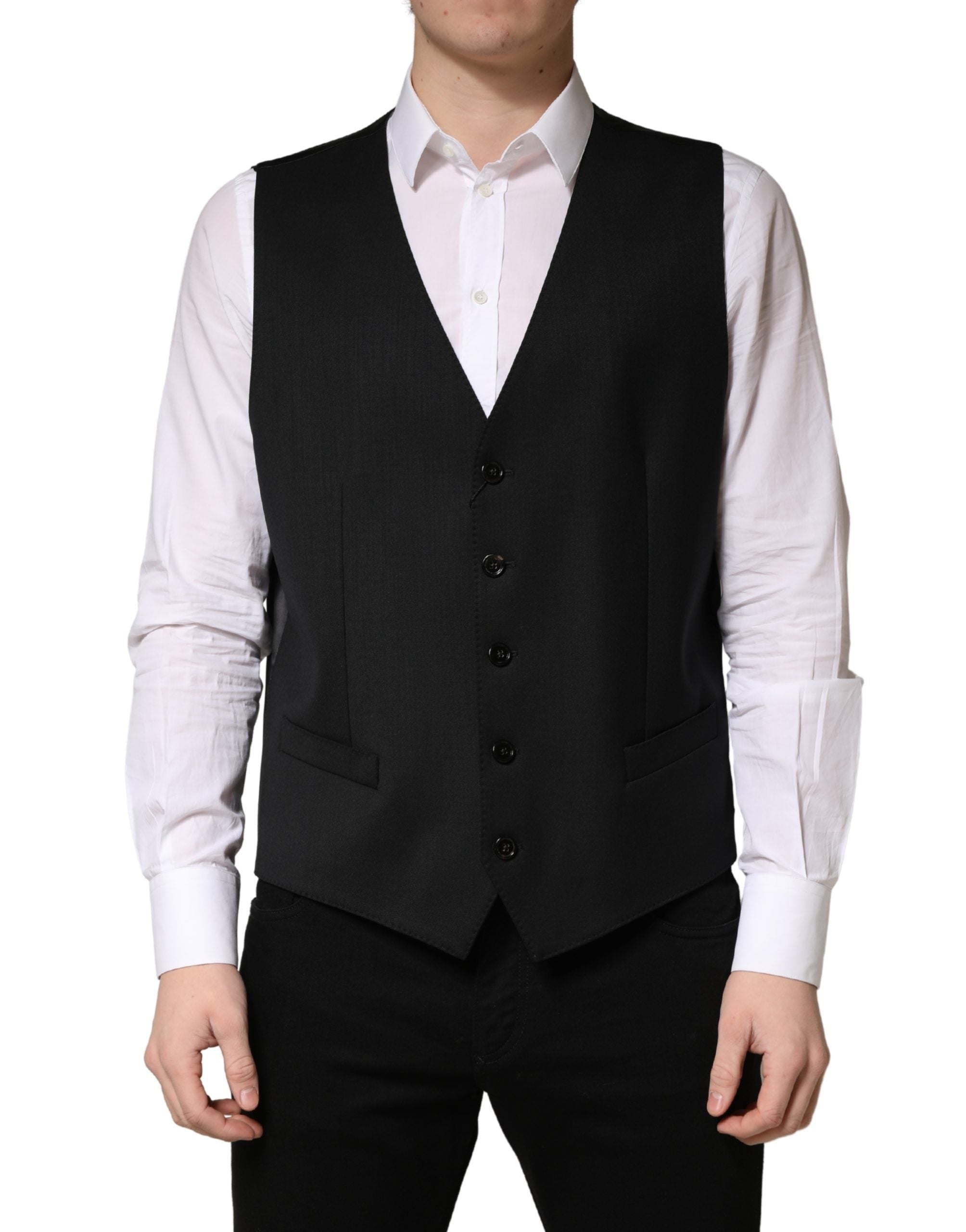 Gilet pour homme en laine noire Dolce & Gabbana à boutonnière simple, porté sur un mannequin.