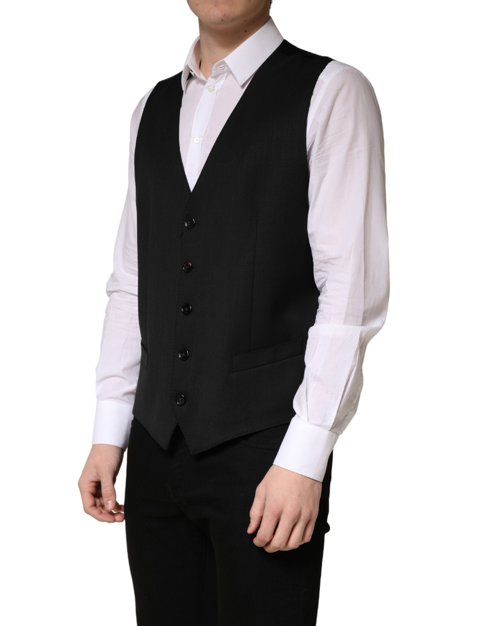Gilet homme en laine noire Dolce & Gabbana à boutonnières simples, style élégant et classique.