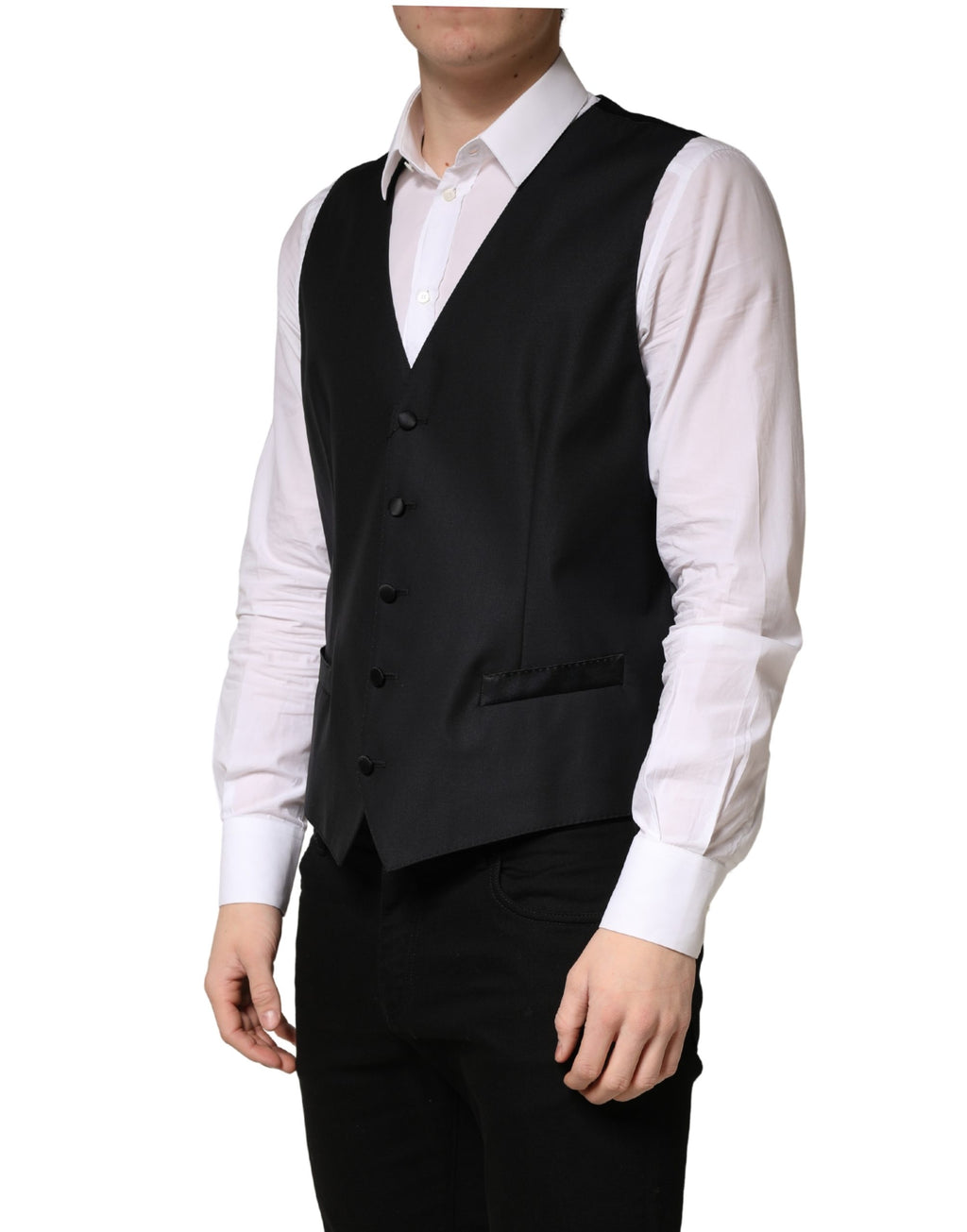 Veste de taille homme en laine noire Dolce & Gabbana à double boutonnage, sans manches et élégante.