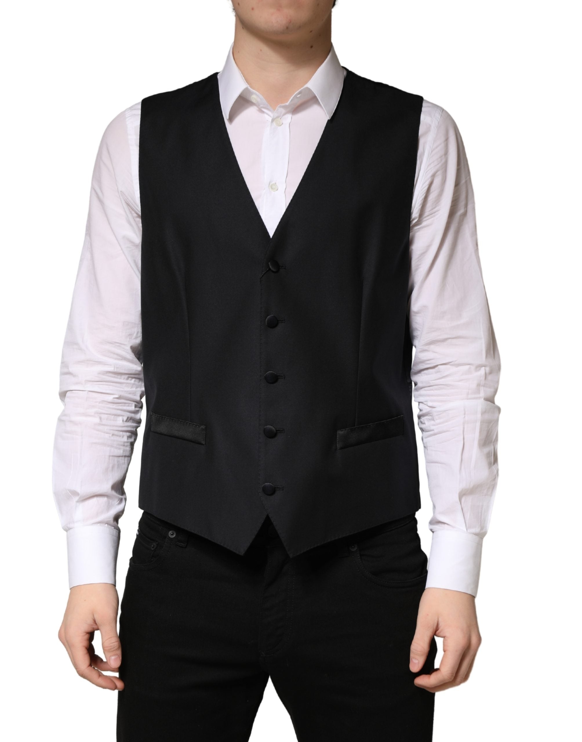 Gilet homme en laine noire Dolce & Gabbana, à boutons simple breasted, élégant et classique.