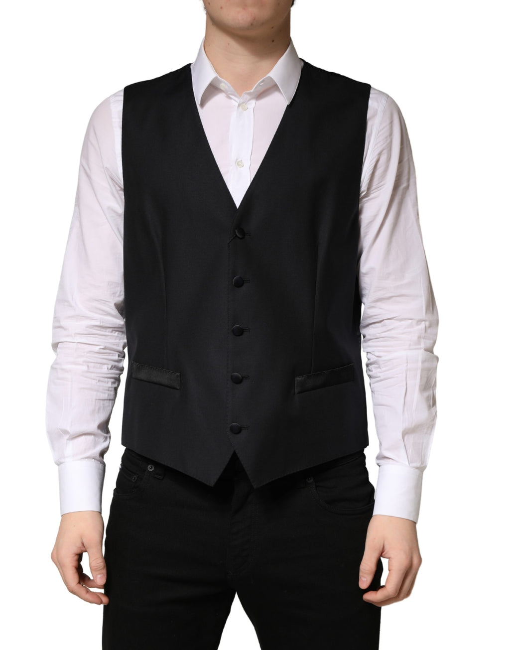 Gilet homme noir en laine Dolce & Gabbana à simple boutonnage, ajusté et élégant, porté sur un mannequin.