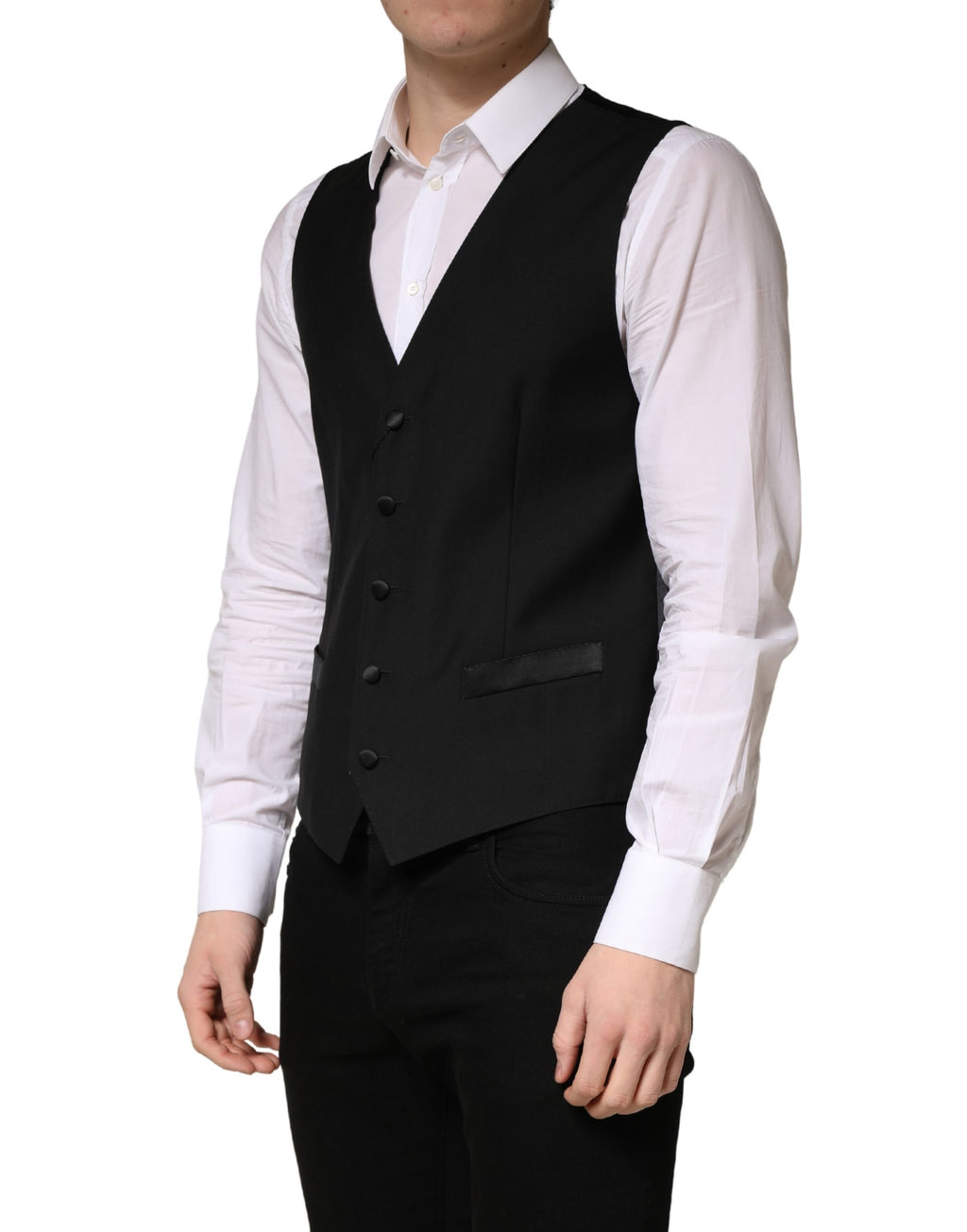 Gilet homme en laine noire Dolce & Gabbana à simple boutonnage, veste élégante et classique, détail de la marque visible.