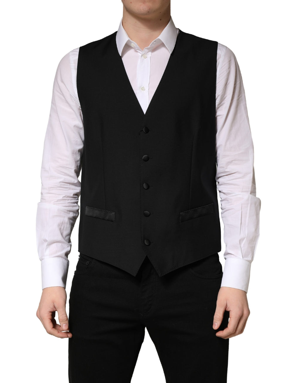 Gilet homme Dolce & Gabbana en laine noire, croisé simple, sans manches, élégant et ajusté.