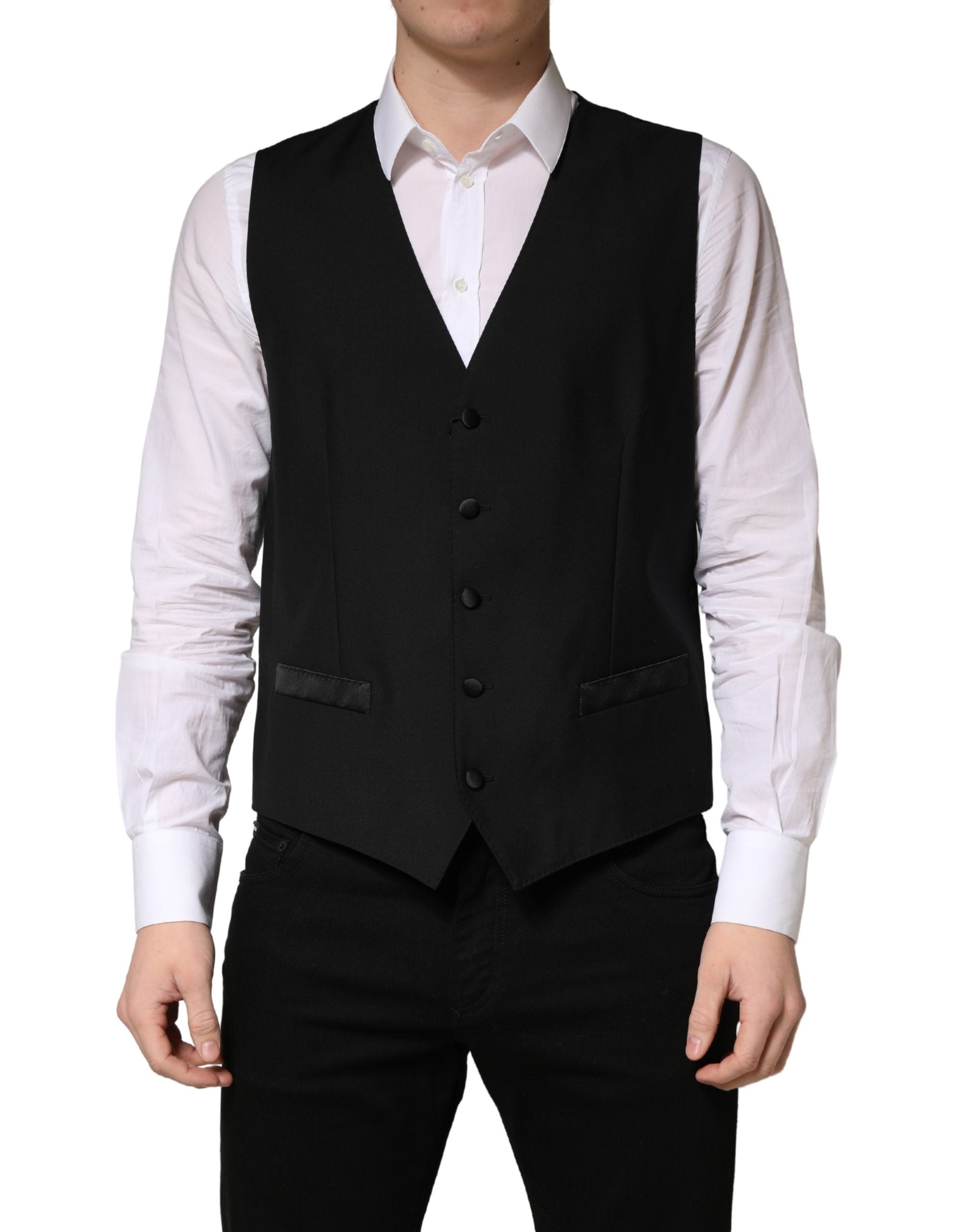 Gilet homme Dolce & Gabbana en laine noire, croisé simple, sans manches, élégant et ajusté.
