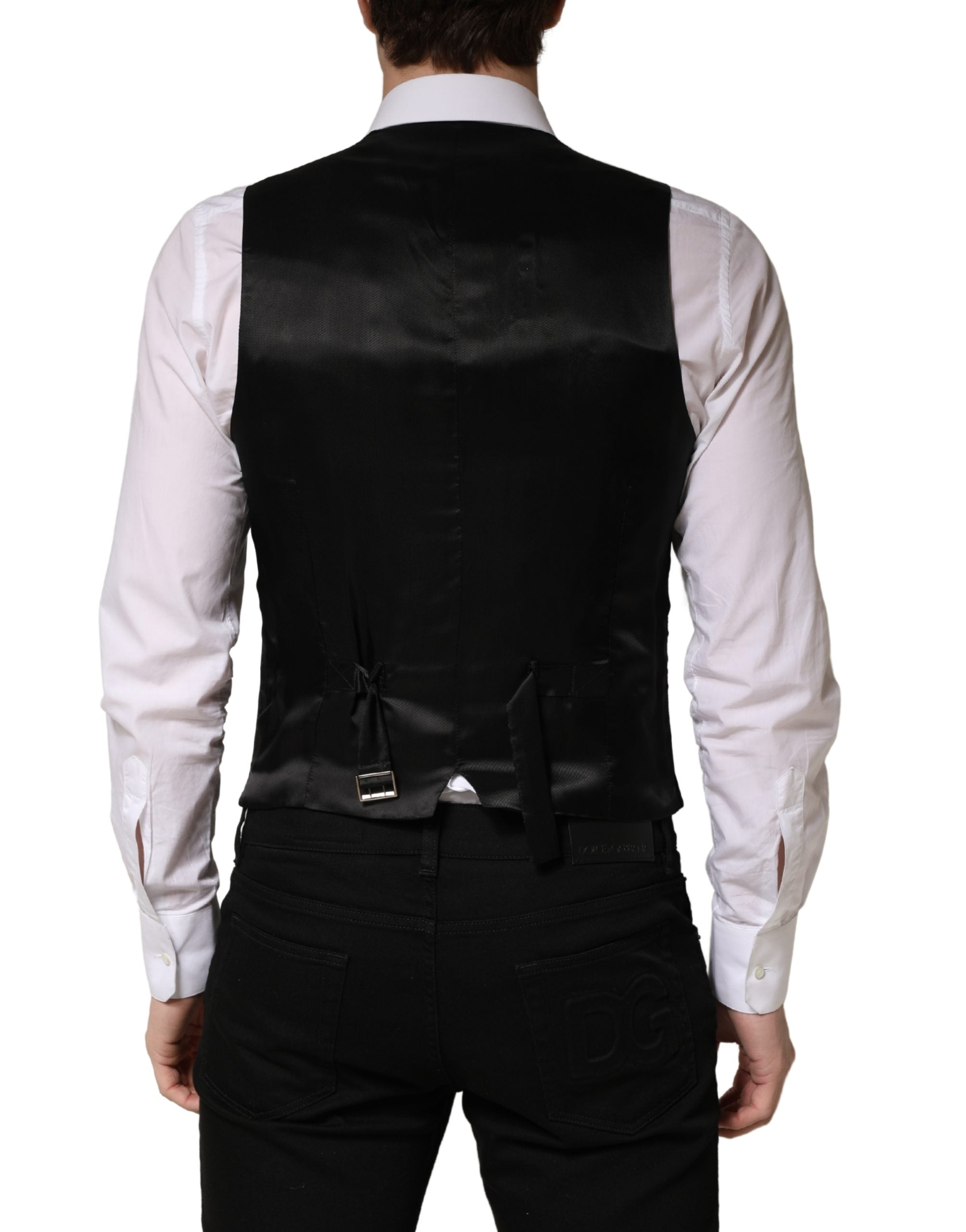 Gilet homme en laine noire Dolce & Gabbana, à col en V et fermeture croisée simple, détail élégant et sophistiqué.