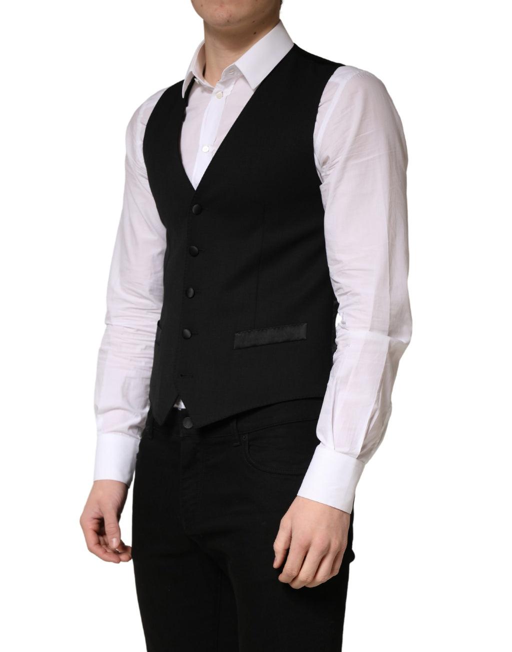 Gilet homme noir en laine à un seul rang de boutons, marque Dolce & Gabbana, détail élégant et classique.