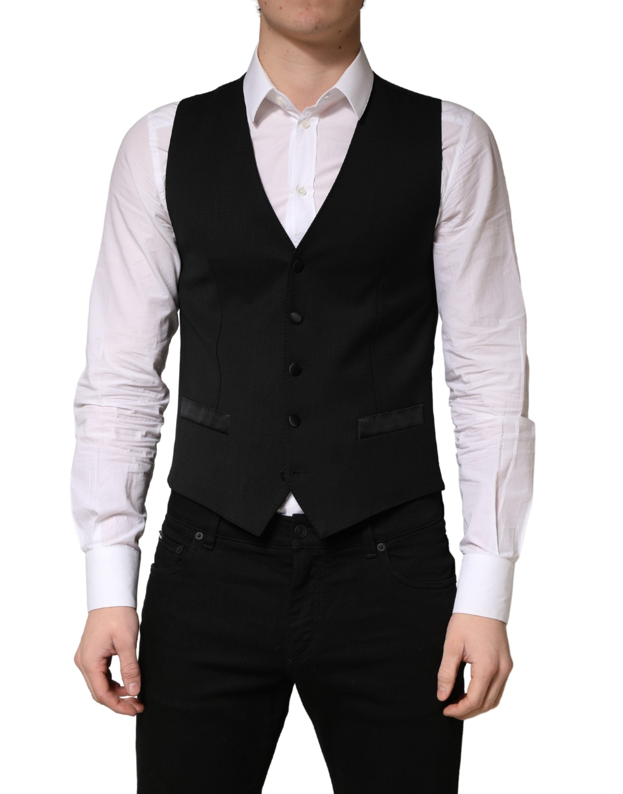Gilet homme en laine noire Dolce & Gabbana, coupe croisée simple, détails élégants et finition soignée.