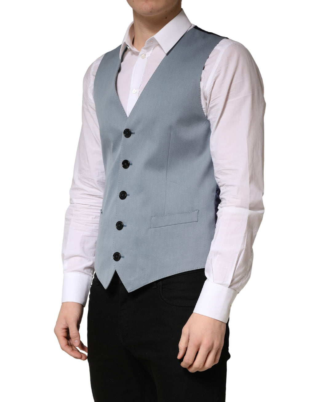 Gilet homme en laine grise de Dolce & Gabbana, coupe croisée, à boutons et finition élégante.