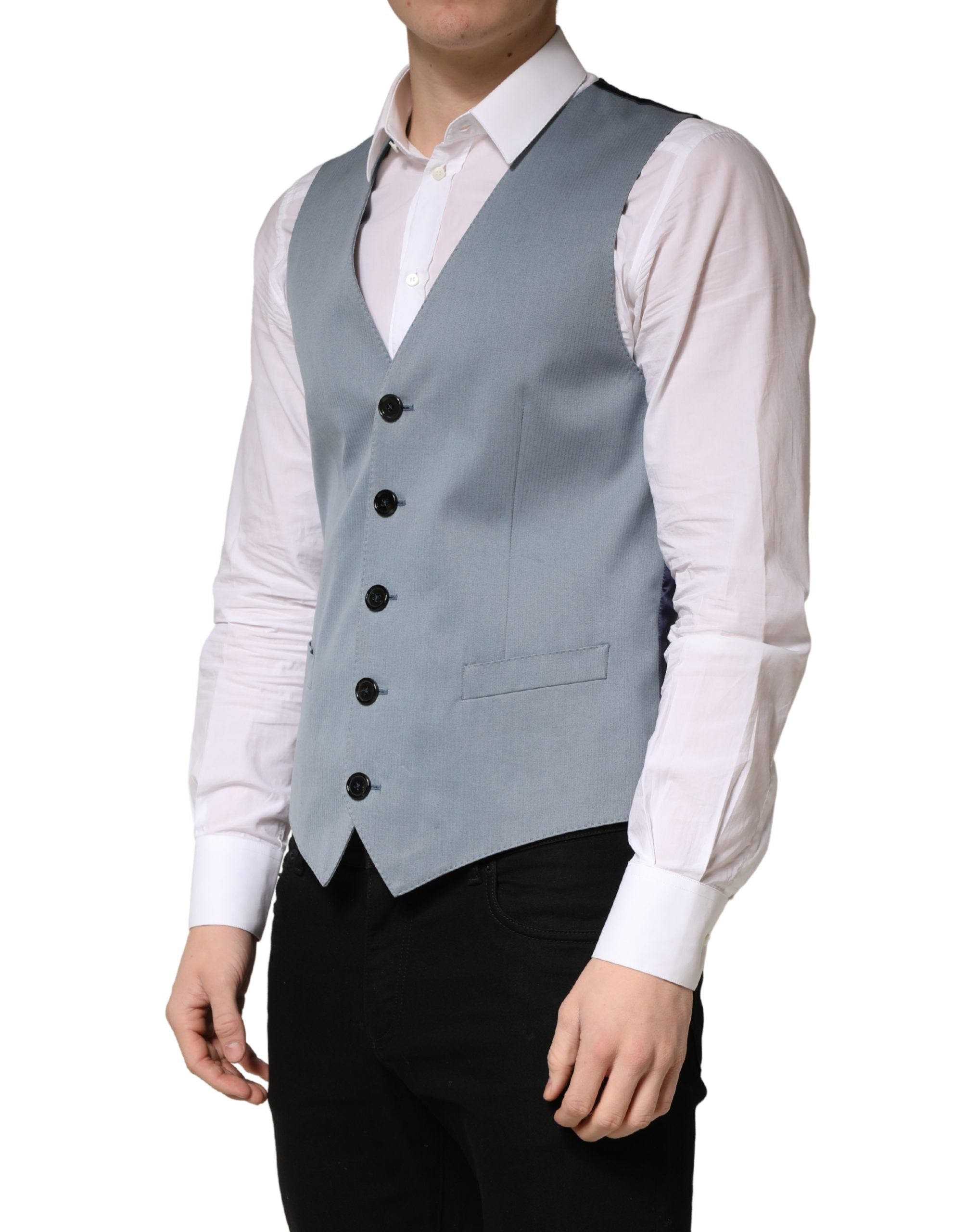 Gilet homme en laine grise de Dolce & Gabbana, coupe croisée, à boutons et finition élégante.