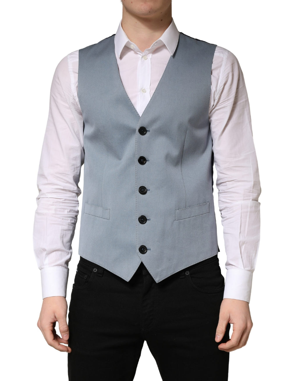 Gilet homme gris en laine Dolce & Gabbana, à simple boutonnière, détails élégants et coupe ajustée.