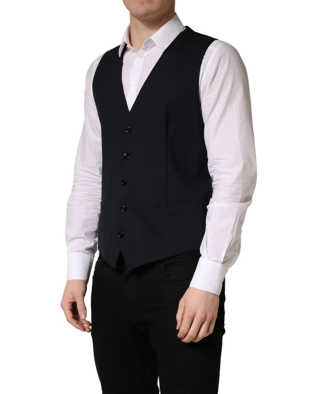 Gilet en laine noir Dolce & Gabbana à boutonnière simple, élégant et classique pour homme, avec col et poches.