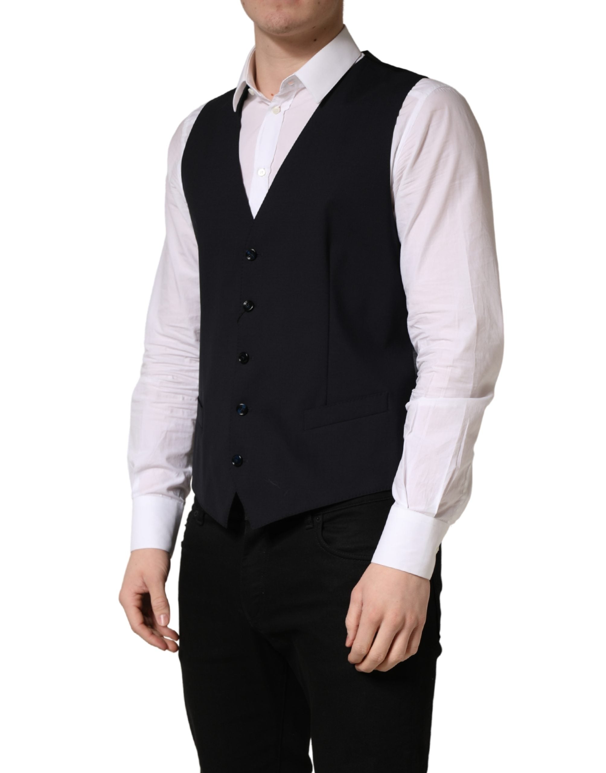 Gilet en laine noir Dolce & Gabbana à boutonnière simple, élégant et classique pour homme, avec col et poches.