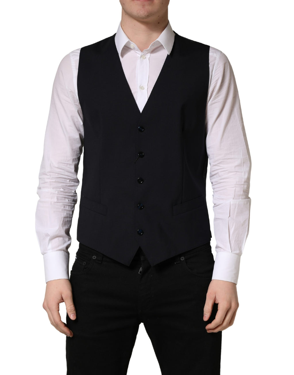 Gilet en laine noir Dolce & Gabbana à double boutonnage, coupe élégante et sophistiquée pour homme.