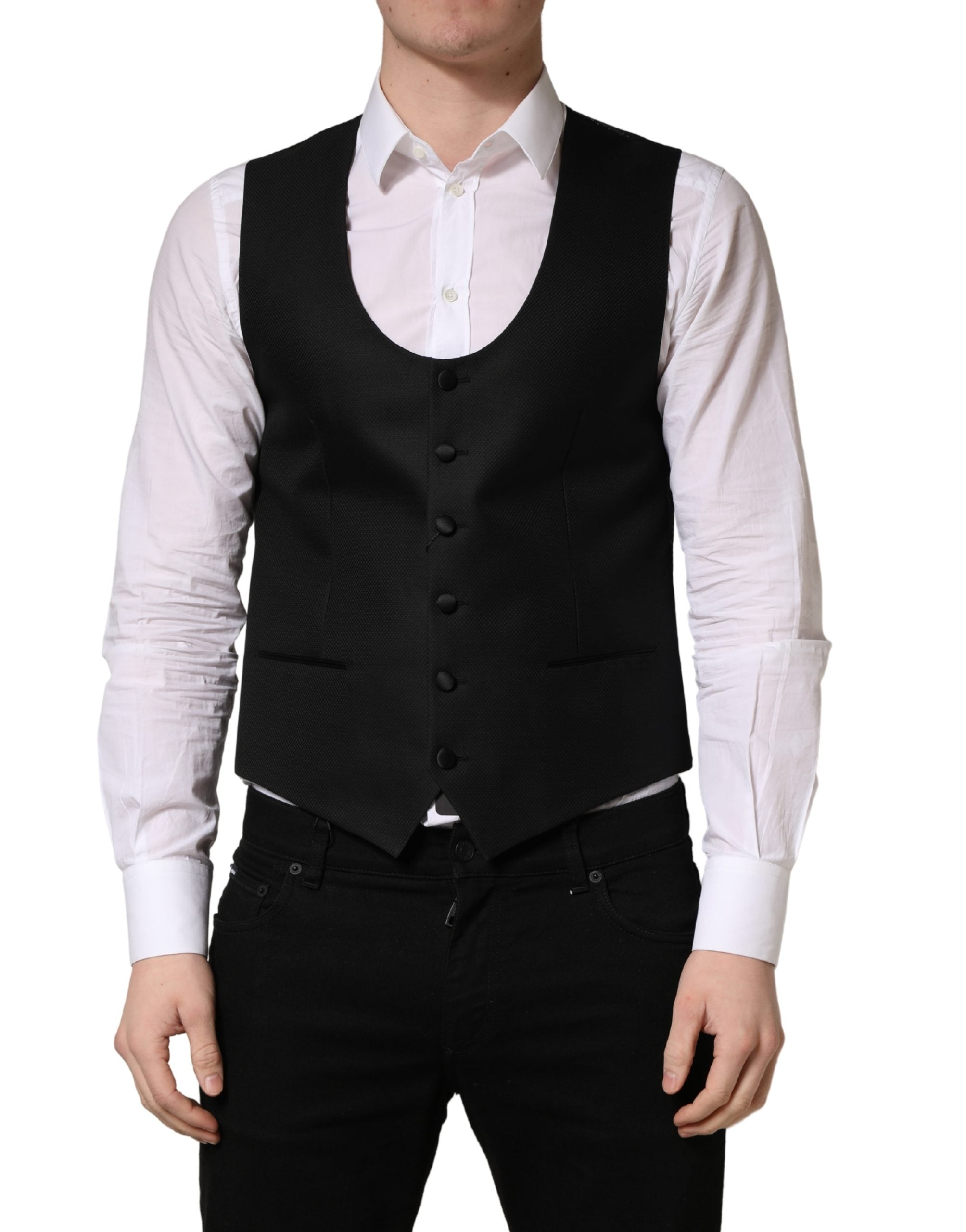 Gilet en laine noir Dolce & Gabbana à boutonnière simple, élégant et ajusté, porté sur un mannequin.