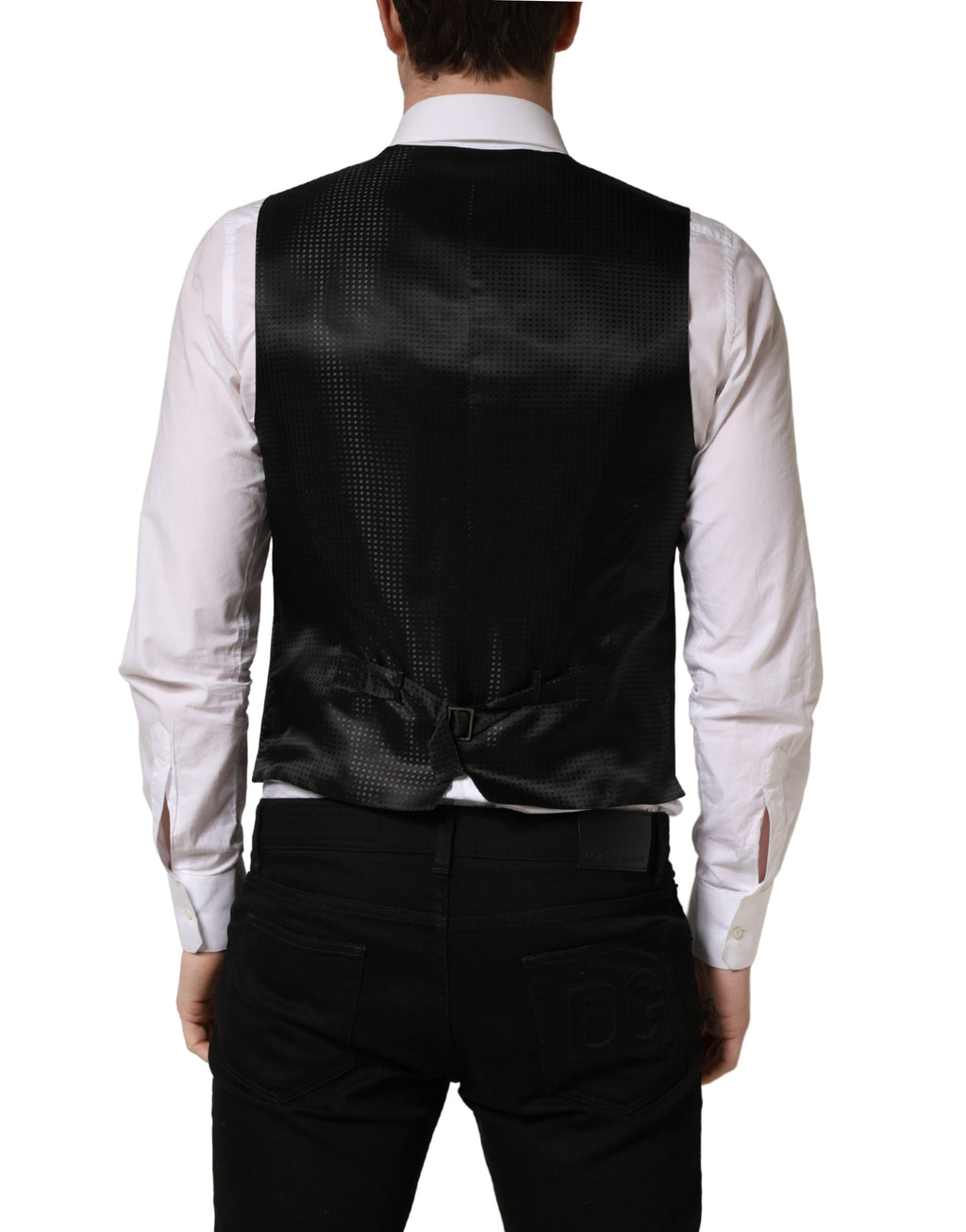 Gilet en laine noir Dolce & Gabbana à simple boutonnage, élégant et ajusté, pour homme ou femme, visible en gros plan.