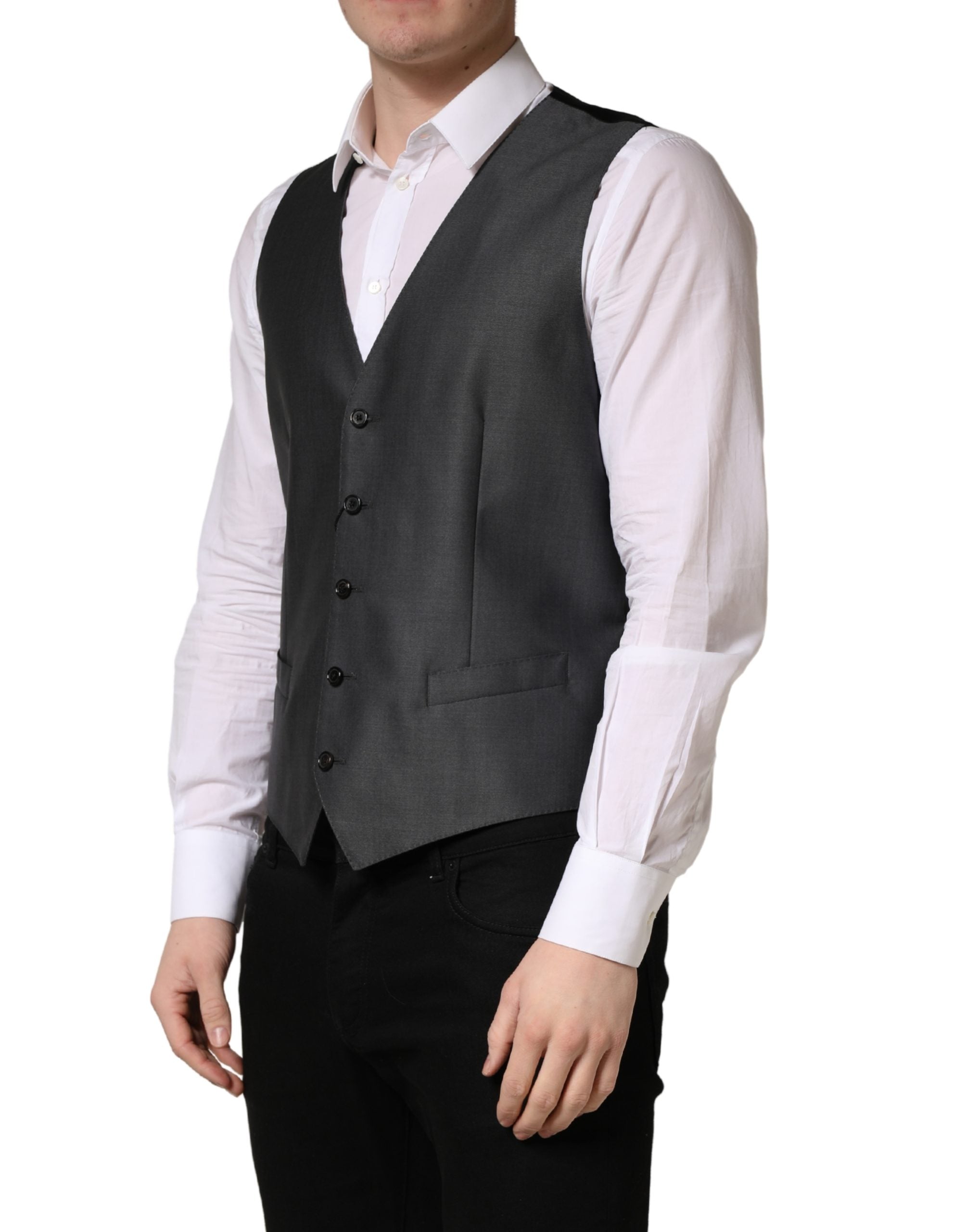 Gilet homme Dolce & Gabbana gris foncé à un bouton, veste cintrée, style classique, tissu élégant et finition soignée.