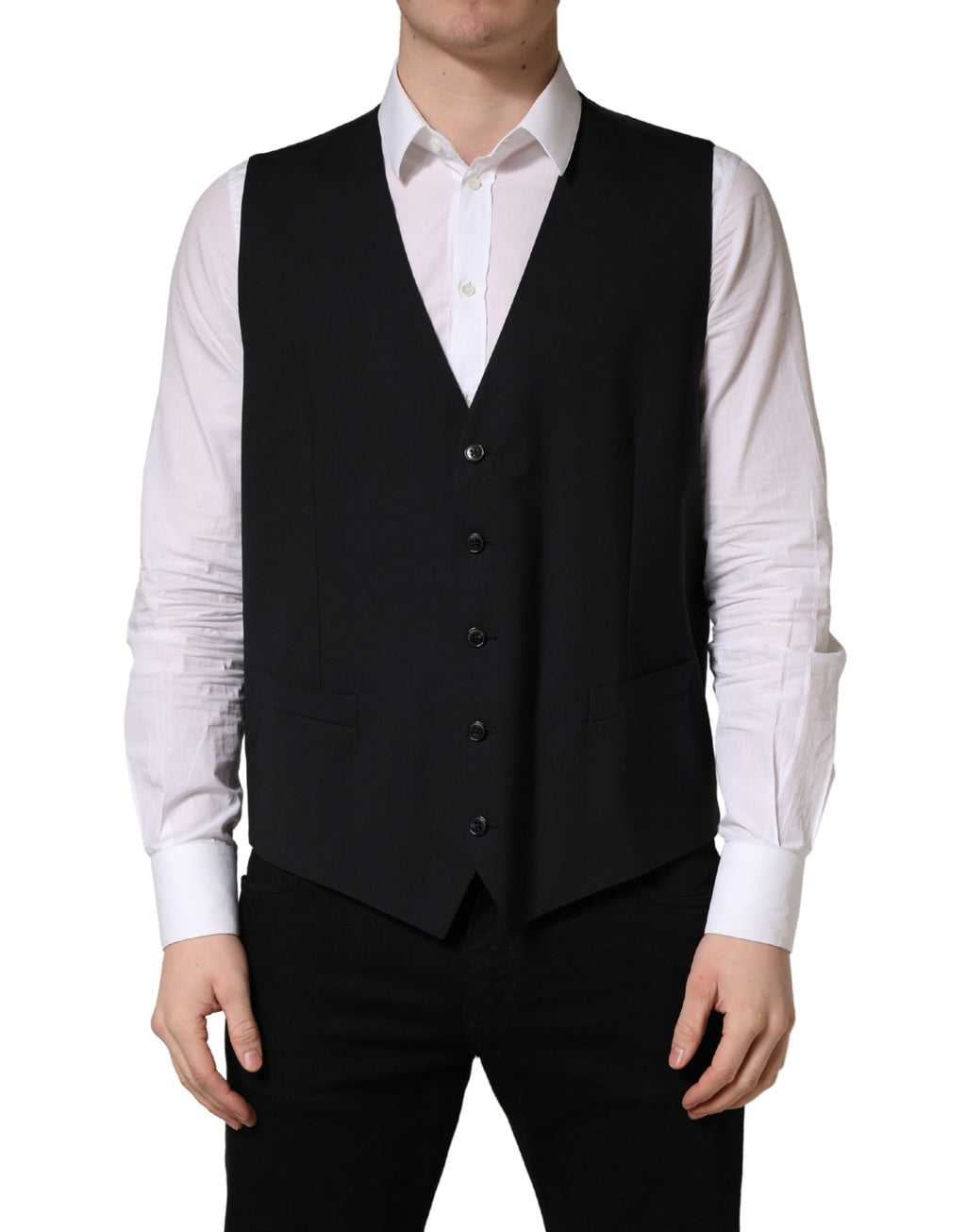 Gilet en laine noir Dolce & Gabbana à simple boutonnage, élégant, ajusté, avec col et poches frontales.