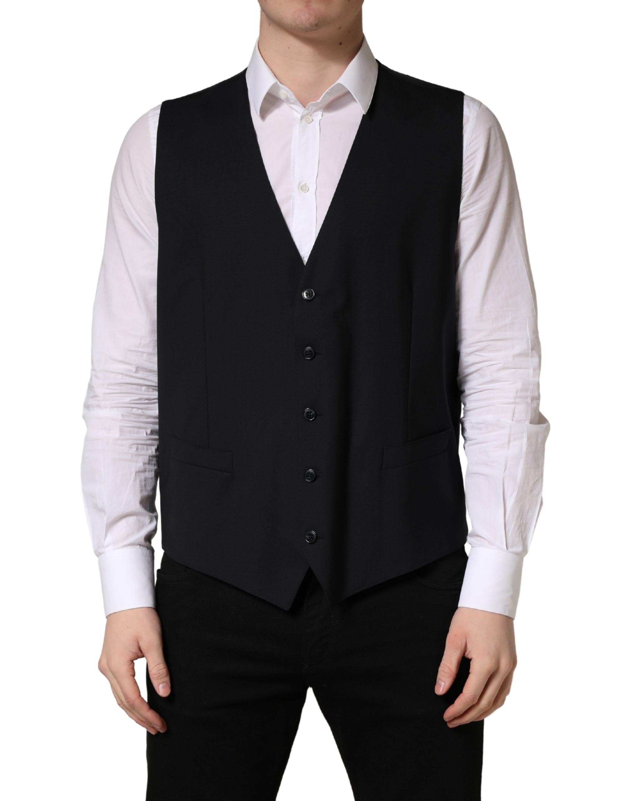 Gilet en laine noir Dolce & Gabbana à simple boutonnage, élégant, ajusté, avec col et poches frontales.