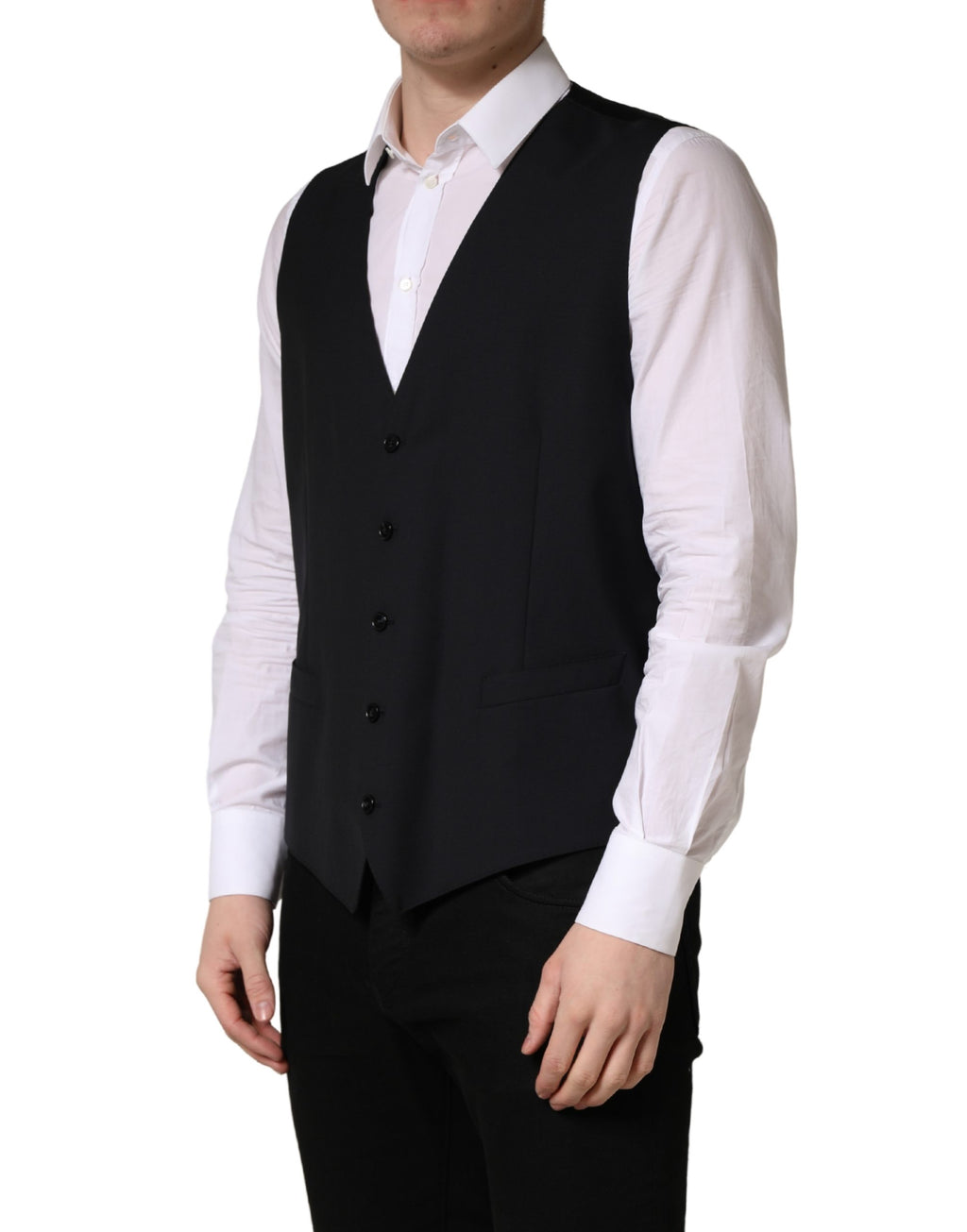 Gilet noir en laine Dolce & Gabbana à boutonnière simple, porté sur un mannequin, vue de face.