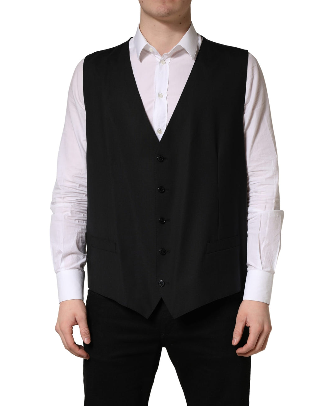 Gilet noir en laine Dolce & Gabbana à un seul boutonnage, veste cintrée élégante pour homme.