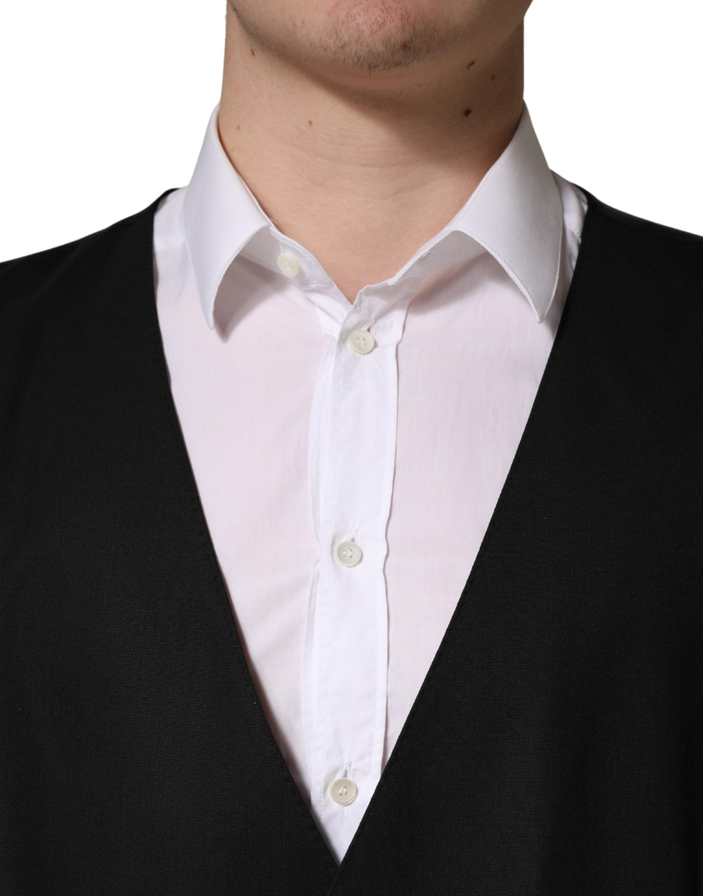 Gilet en laine noir Dolce & Gabbana à simple boutonnage, veste élégante pour homme, détail de la texture en laine.