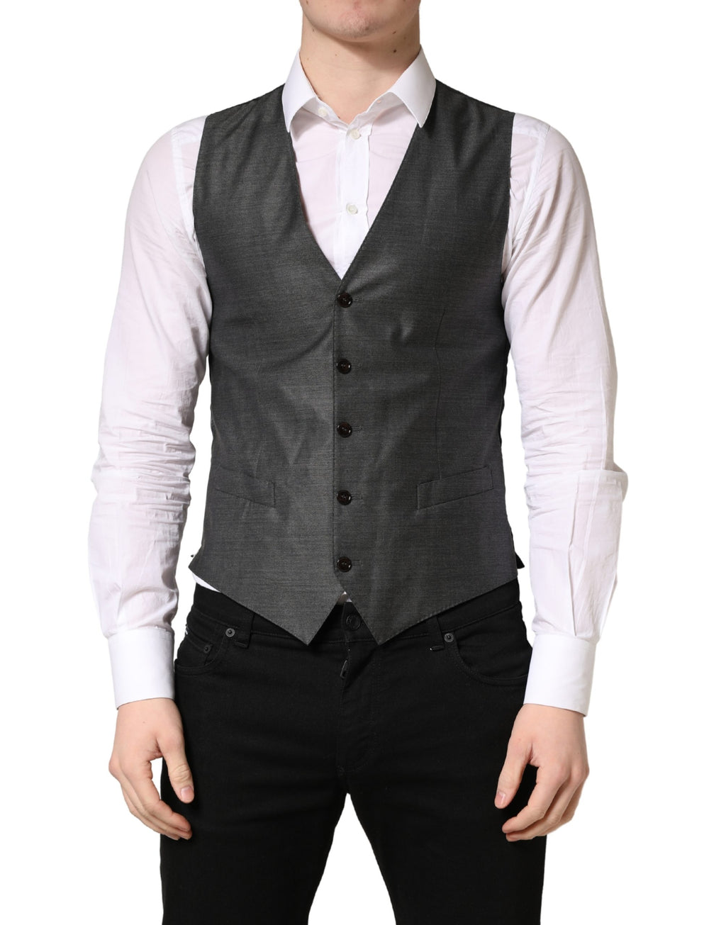 Gilet de costume en laine gris foncé Dolce & Gabbana pour homme, veste formelle élégante avec ceinture à la taille.