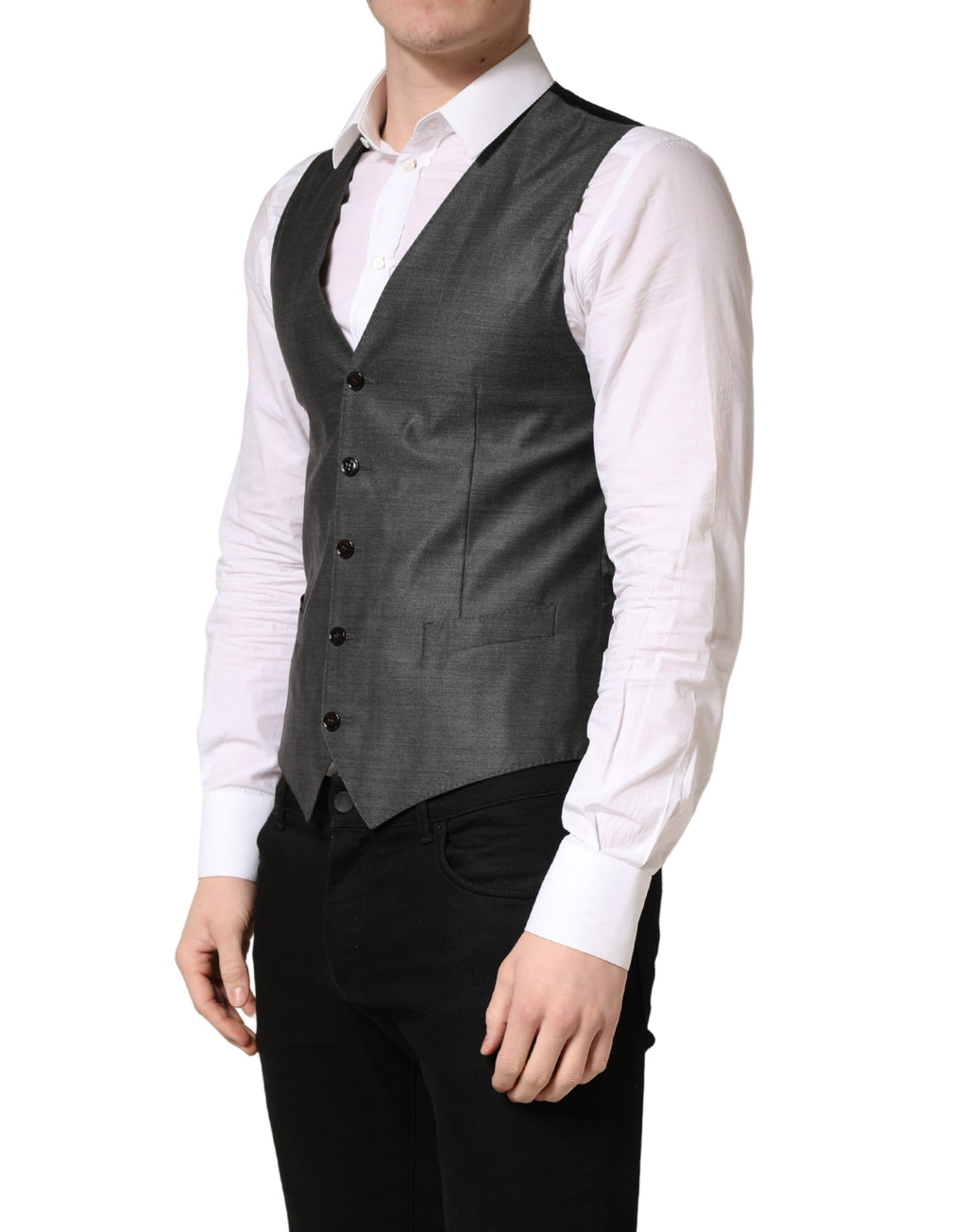Gilet en laine gris foncé Dolce & Gabbana, costume formel, avec fermeture à boutons et coupe élégante.