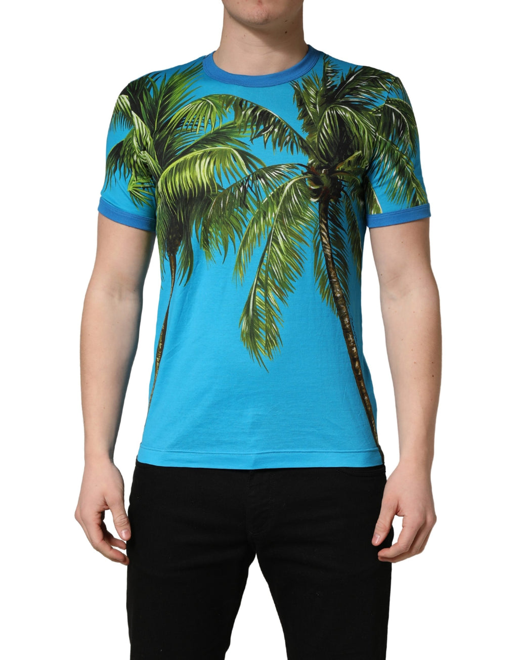T-shirt en coton Dolce & Gabbana à col rond avec imprimé palmier bleu, style décontracté et design élégant.