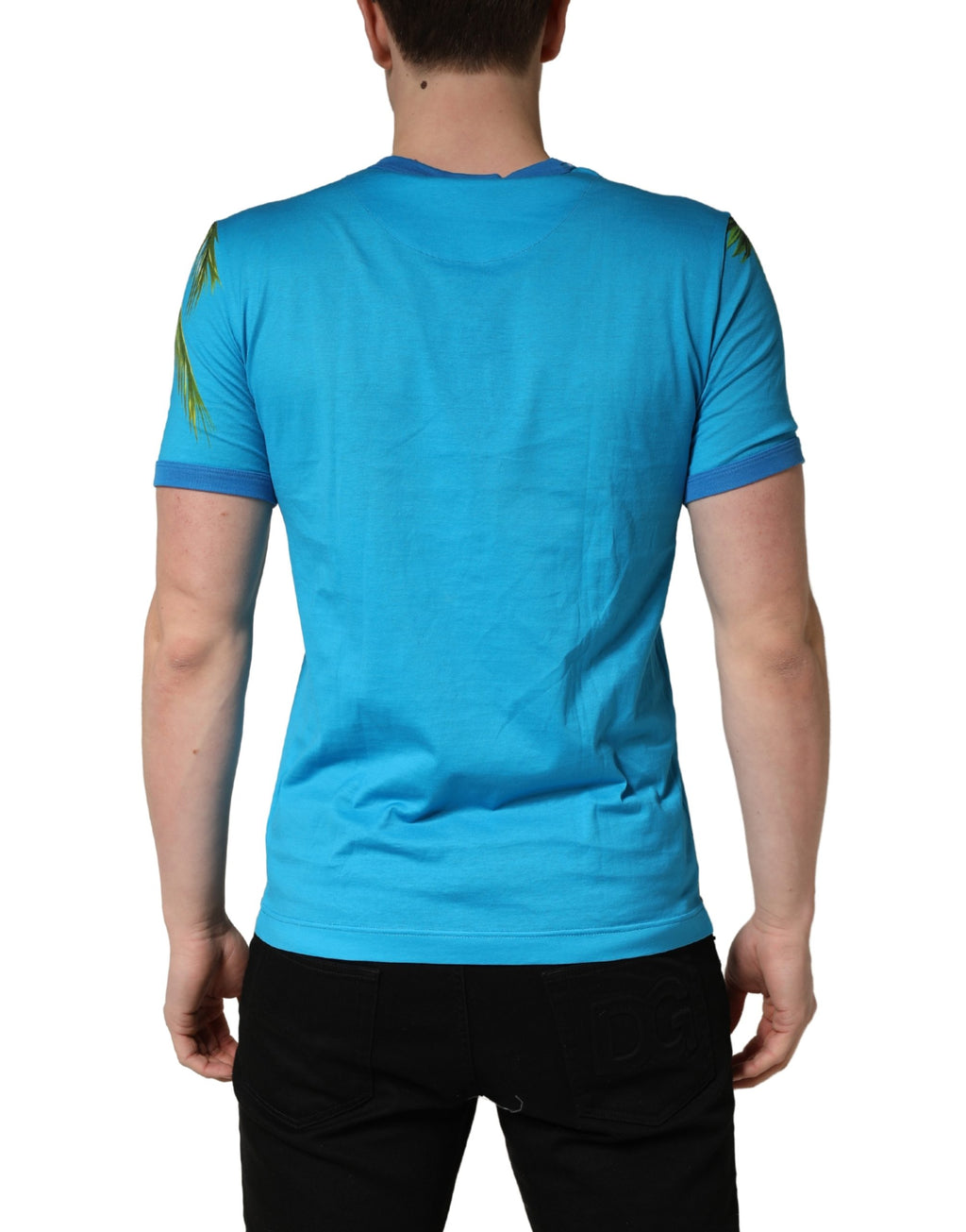T-shirt en coton à col rond Dolce & Gabbana avec motif palmier bleu, design élégant et confortable.