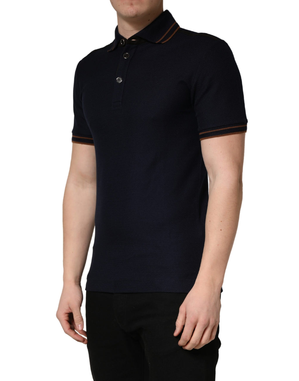 Polo pour homme en soie bleu foncé de Dolce & Gabbana, manches courtes, style élégant et tissu luxueux.