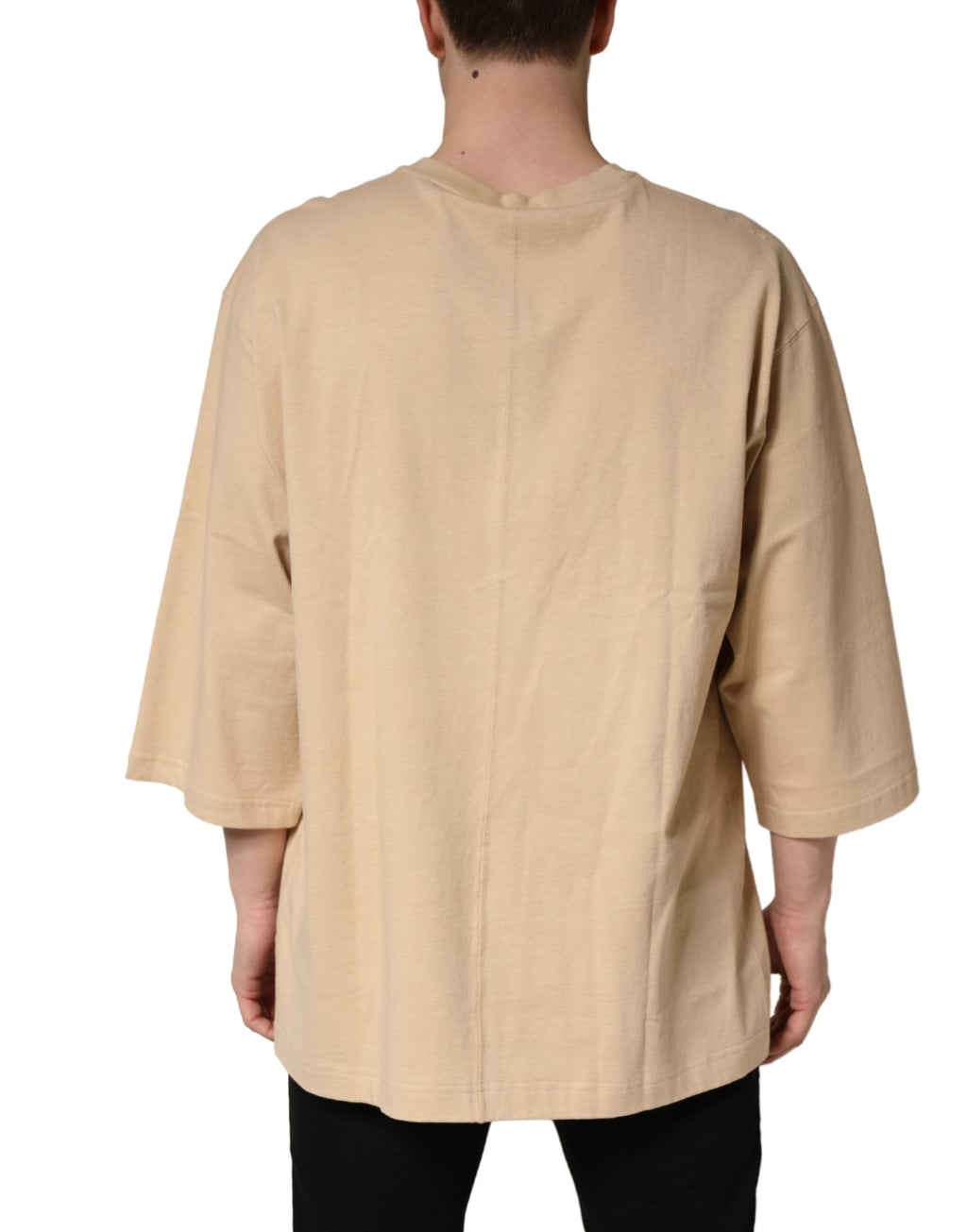 T-shirt beige en coton Dolce & Gabbana à col rond et coupe oversize, vue frontale.