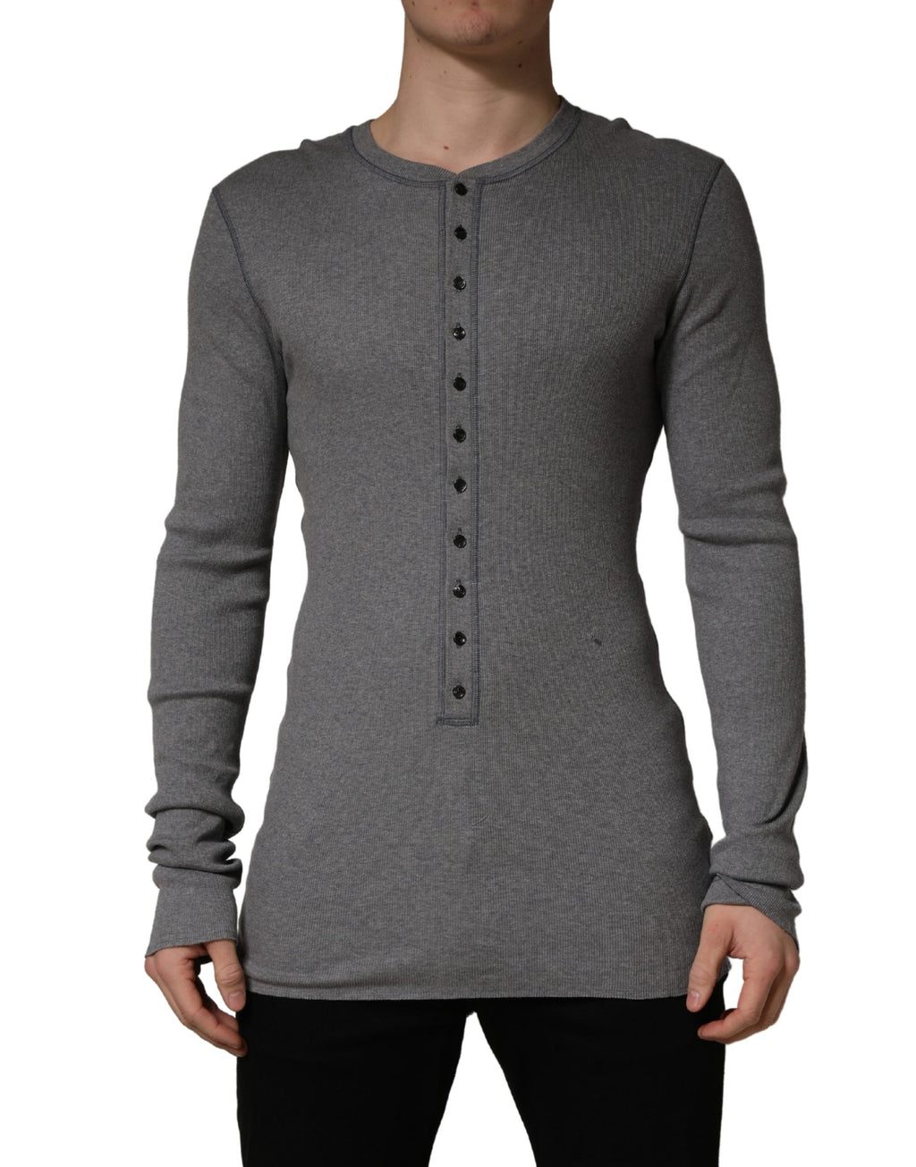 T-shirt à manches longues en coton rayé gris de Dolce & Gabbana, style Henley, avec col boutonné et coupe ajustée.