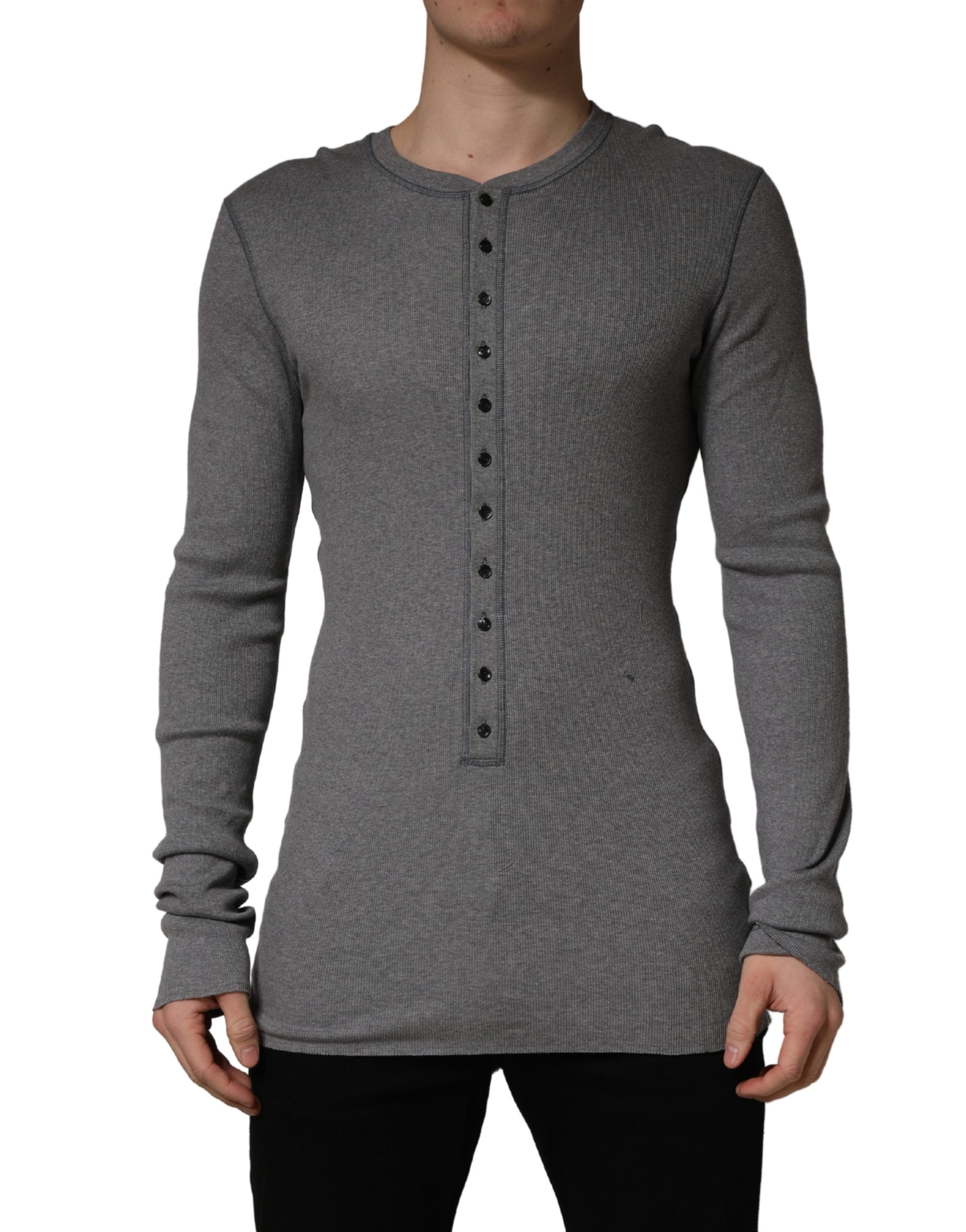 T-shirt à manches longues en coton gris à rayures, style henley, de la marque Dolce & Gabbana, affiché sur un mannequin.