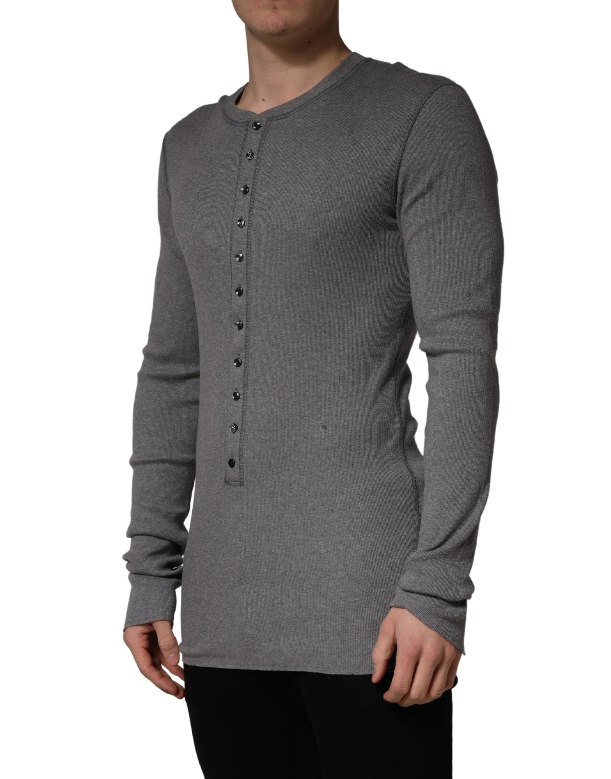 T-shirt à manches longues en coton gris rayé de Dolce & Gabbana, style henley, ajusté et confortable.