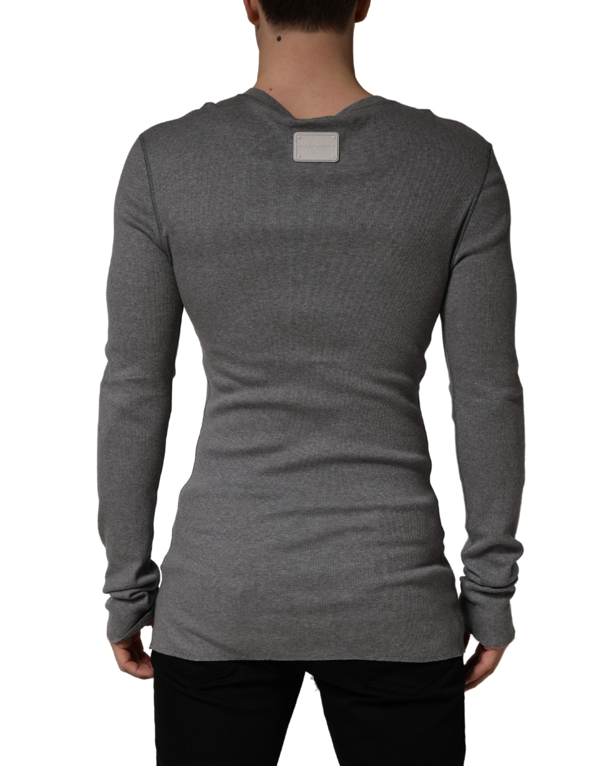 T-shirt à manches longues en coton gris rayé de Dolce & Gabbana, style Henley ajusté et confortable.