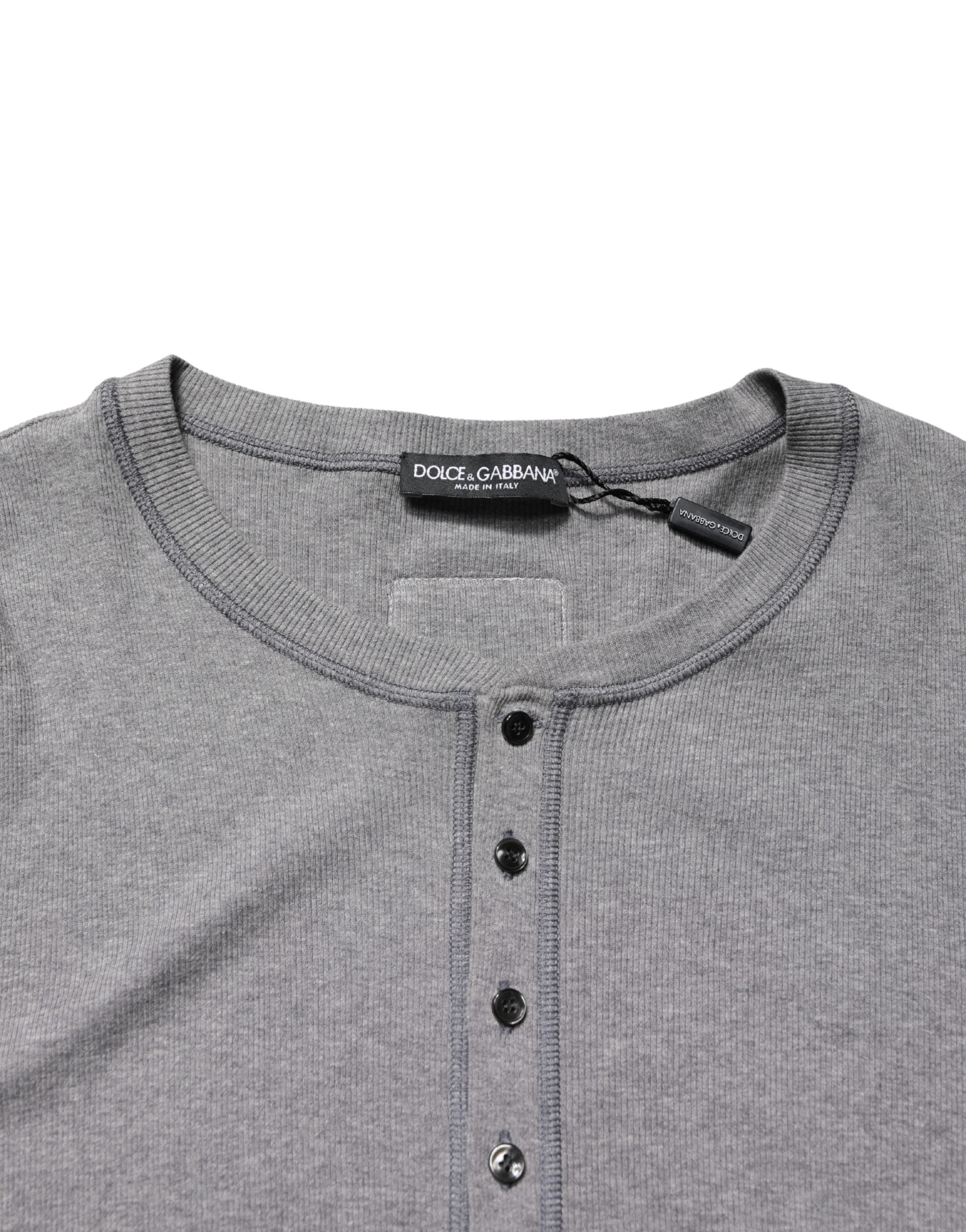 T-shirt henley gris en coton à manches longues de Dolce & Gabbana, détail en maille côtelée.