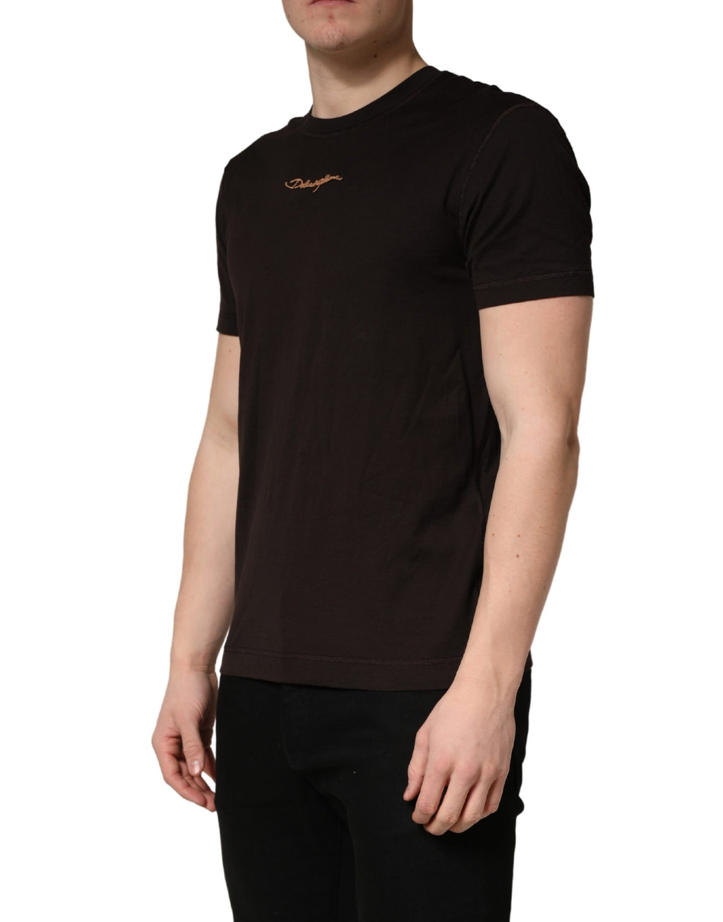 T-shirt homme Dolce & Gabbana à logo brodé marron, col rond, style décontracté et logo visible sur la poitrine.