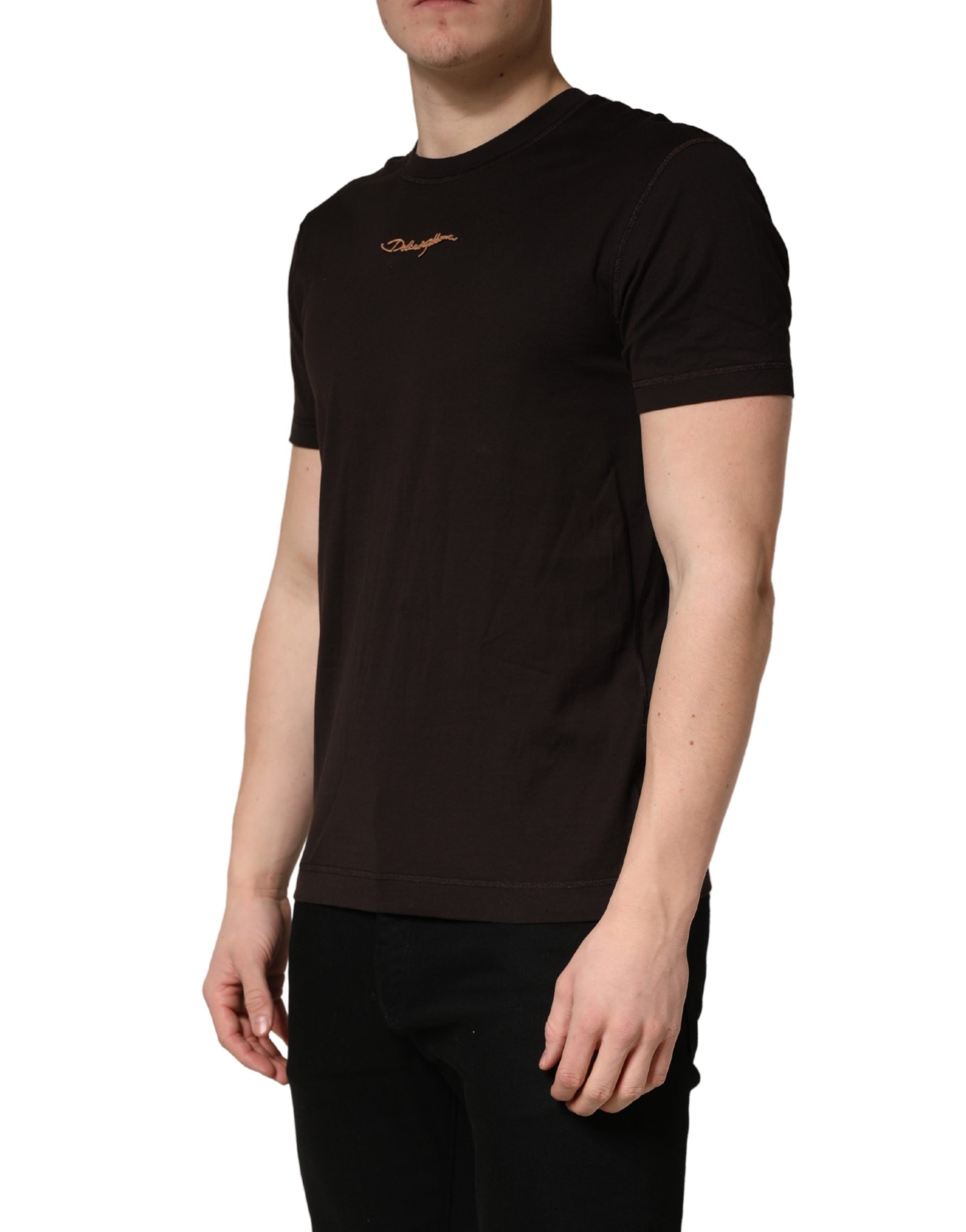 T-shirt homme Dolce & Gabbana à logo brodé marron, col rond, style décontracté et logo visible sur la poitrine.
