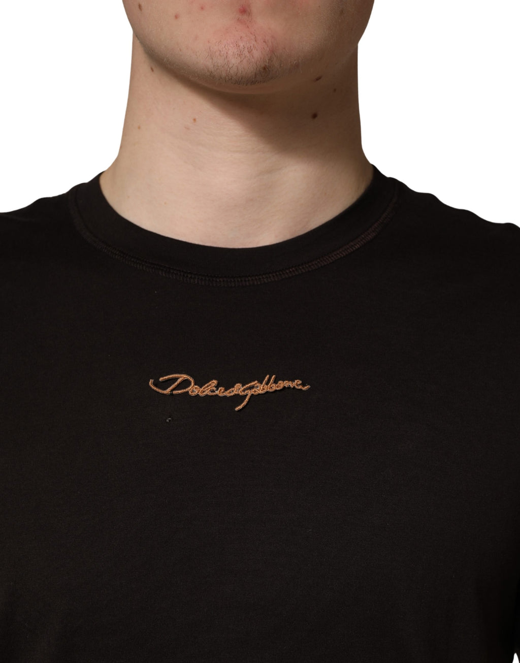 T-shirt homme Dolce & Gabbana marron avec logo brodé, col rond et style décontracté, visible sur l'image.