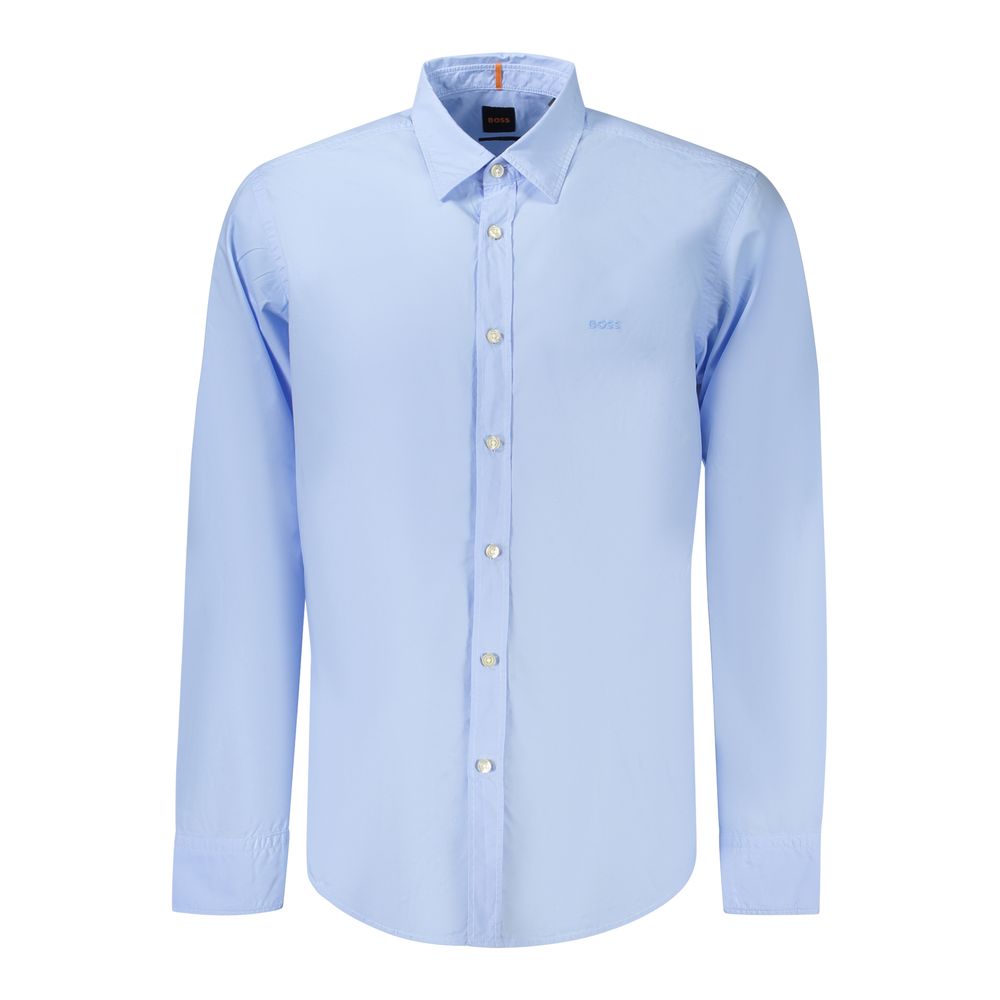 Chemise en coton homme Hugo Boss Azzurro, style élégant, couleur bleue claire, boutonnière classique, tissu léger et confortable.