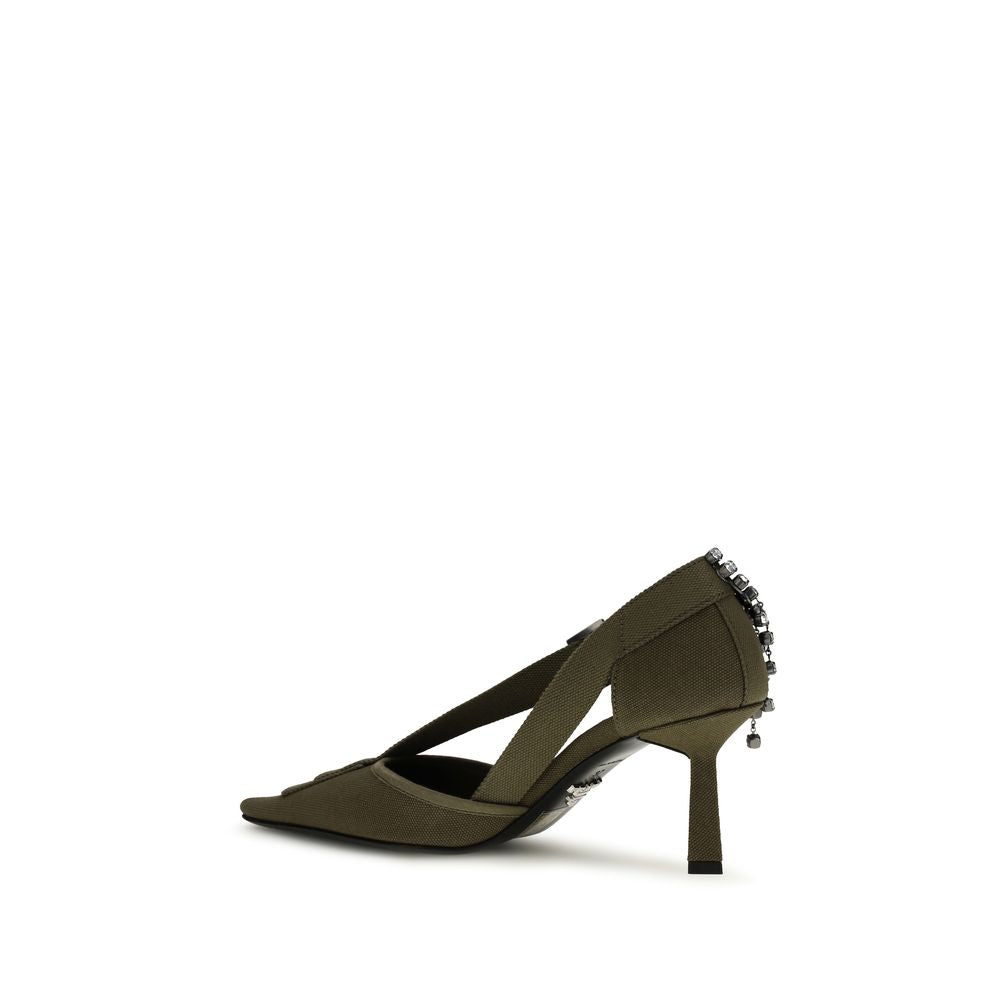 Escarpins en coton bicolore Prada à talons hauts, élégants et sophistiqués, visibles avec détails de couture et finition de qualité.