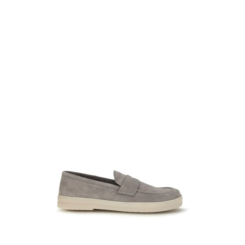 Chaussures décontractées Prada Bos Taurus en cuir de veau gris, mocassins slip-on élégants pour homme.