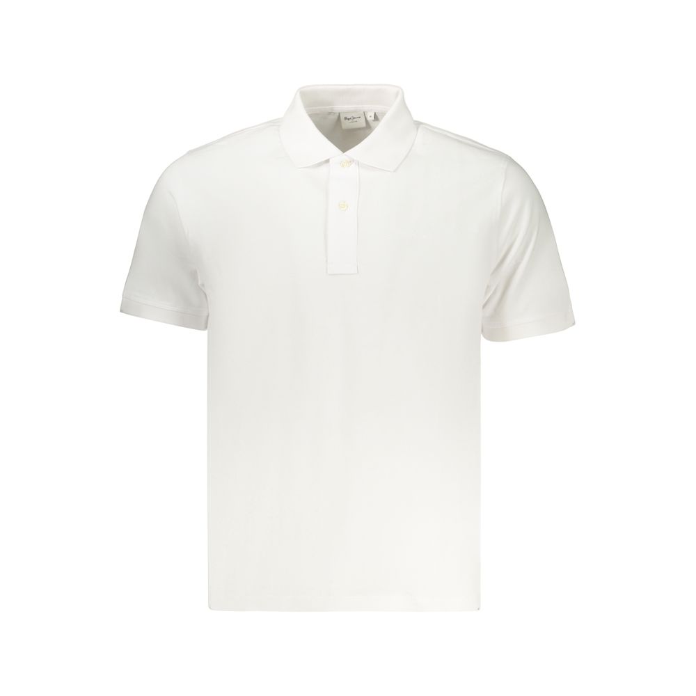 Polo pour homme en coton blanc de la marque Pepe Jeans, détail du col et du logo brodé sur la poitrine.