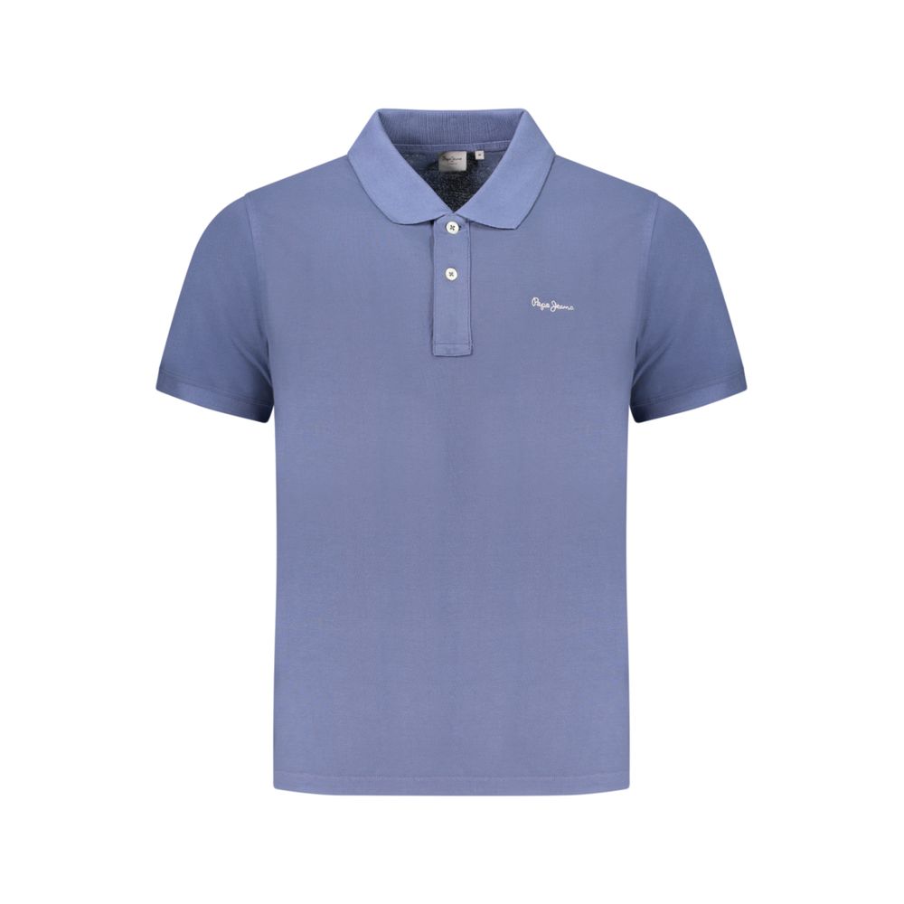 Polo homme en coton biologique bleu de la marque Pepe Jeans, veste classique avec col et boutons, porté par un mannequin.