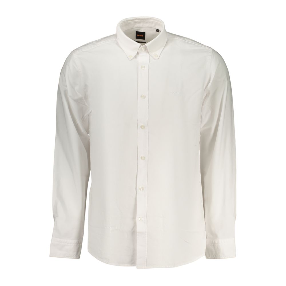 Chemise homme en coton blanc de la marque Hugo Boss, col classique et manches longues, vue de face.