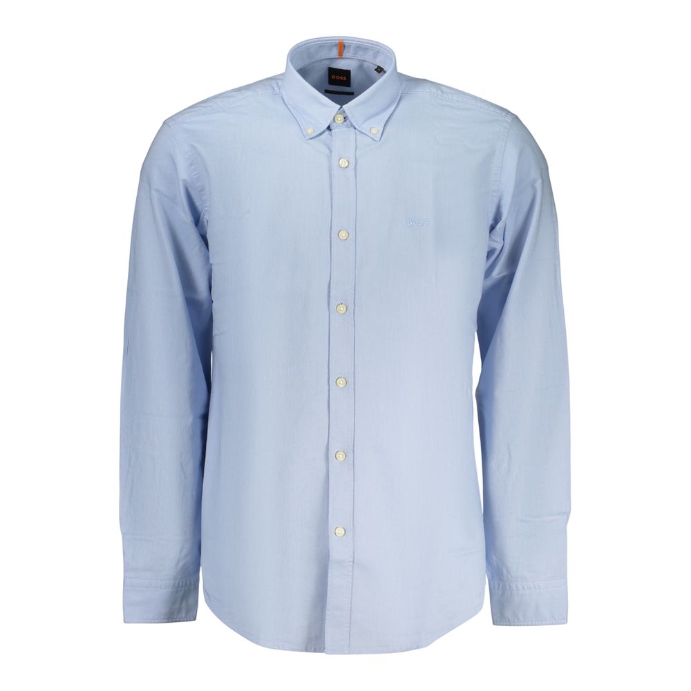 Chemise en coton Hugo Boss Azzurro pour homme, coupe classique, col boutonné et manches longues, bleu clair élégamment présentée.