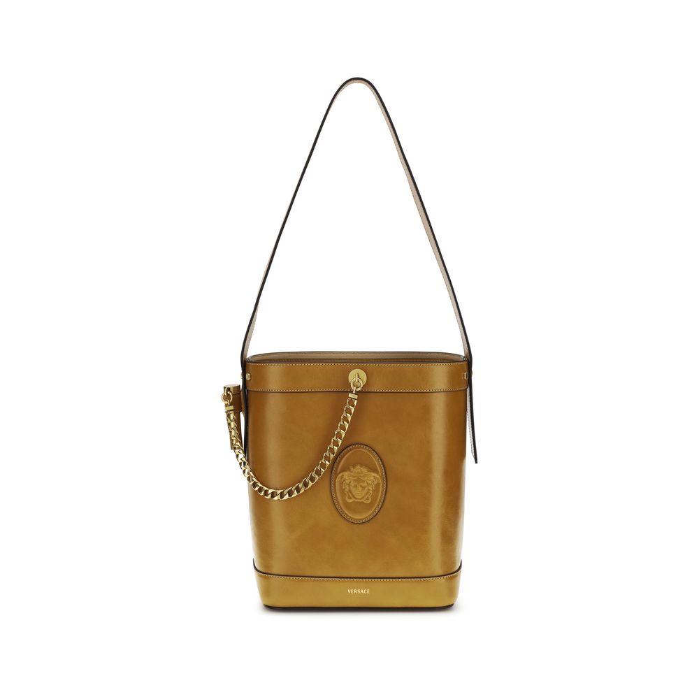 Sac à main Bos Taurus en cuir de veau marron de Versace, sac à bandoulière élégant avec détails luxueux.