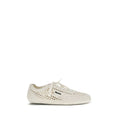 Chaussures basses Prada en tissu beige, sneakers décontractés pour homme, vue de face.