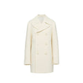 Manteau en laine blanc Prada pour femme, coupe élégante avec col et boutons, porté sur un mannequin.